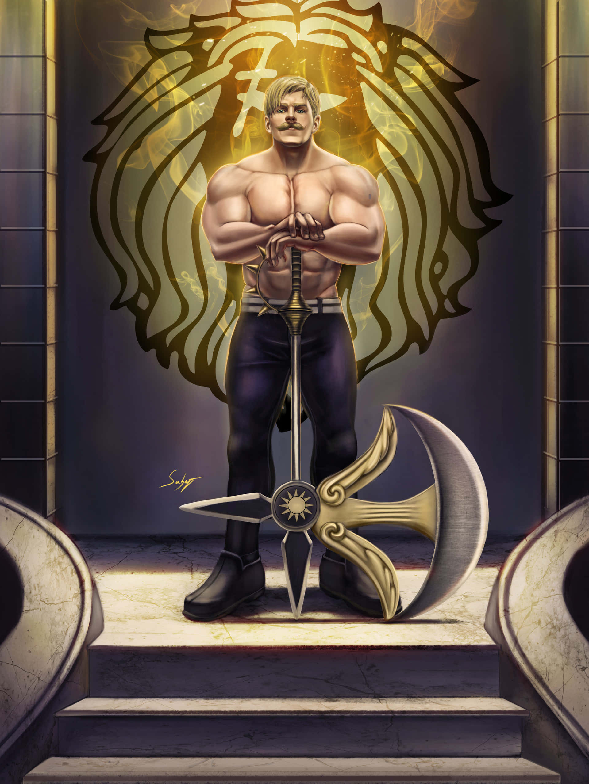 Escanor 桌布 壁紙 — 一個肌肉發達、留鬍子的男人自信地站在石階上，手持一把華麗的劍，身後有一個發光的獅子標誌。