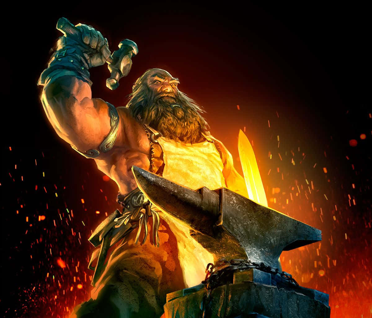 Blacksmith 桌布 壁紙 — 一個肌肉發達、留鬍子的矮人正在鐵砧上鍛造一把發光的劍，火花四濺，背景陰暗熾熱。
