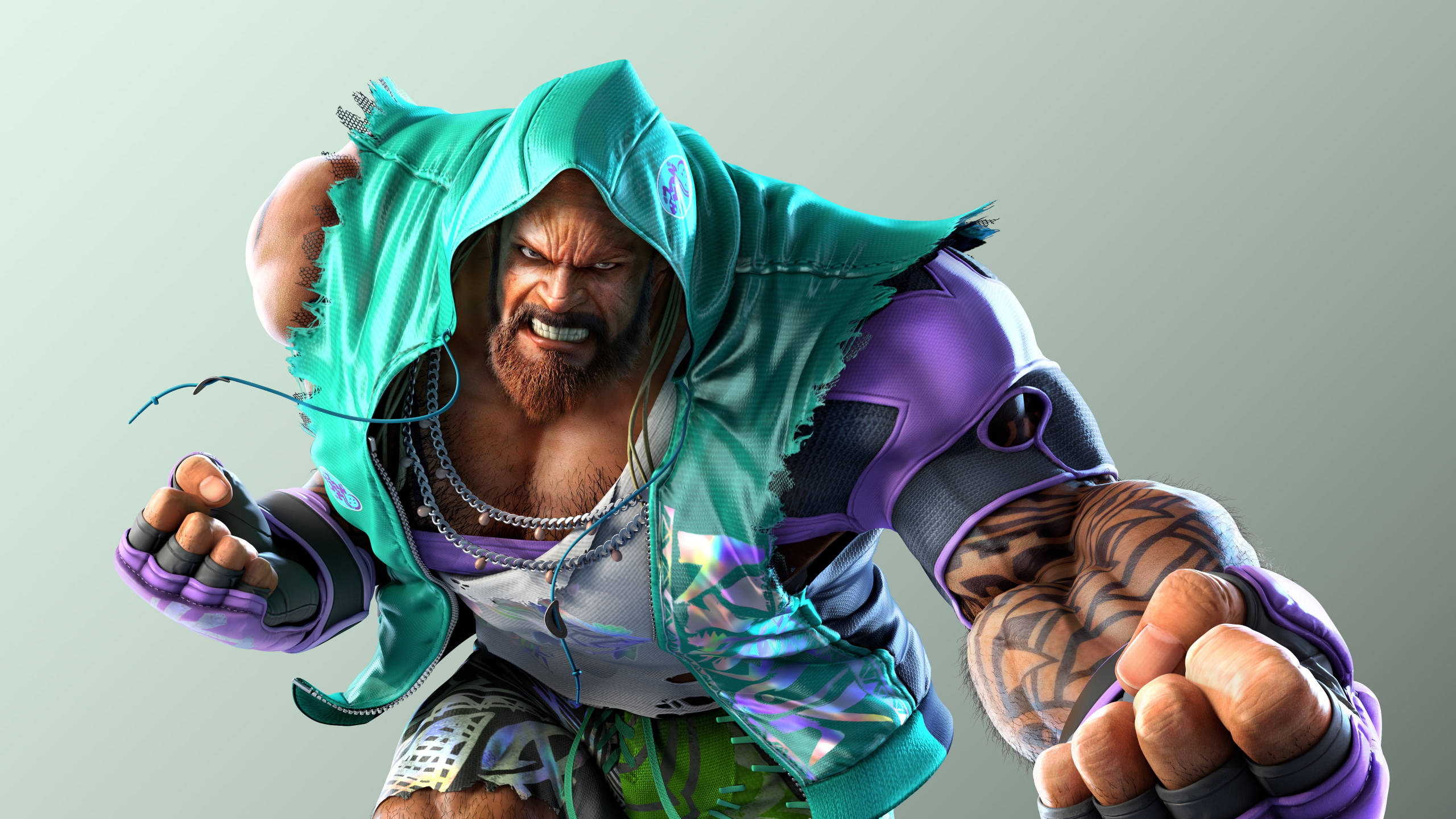 Tekken 桌布 壁紙 — 一個肌肉發達、留鬍鬚、身穿破爛青綠色連帽衫的戰士，以動態遊戲姿勢發出侵略性咆哮。
