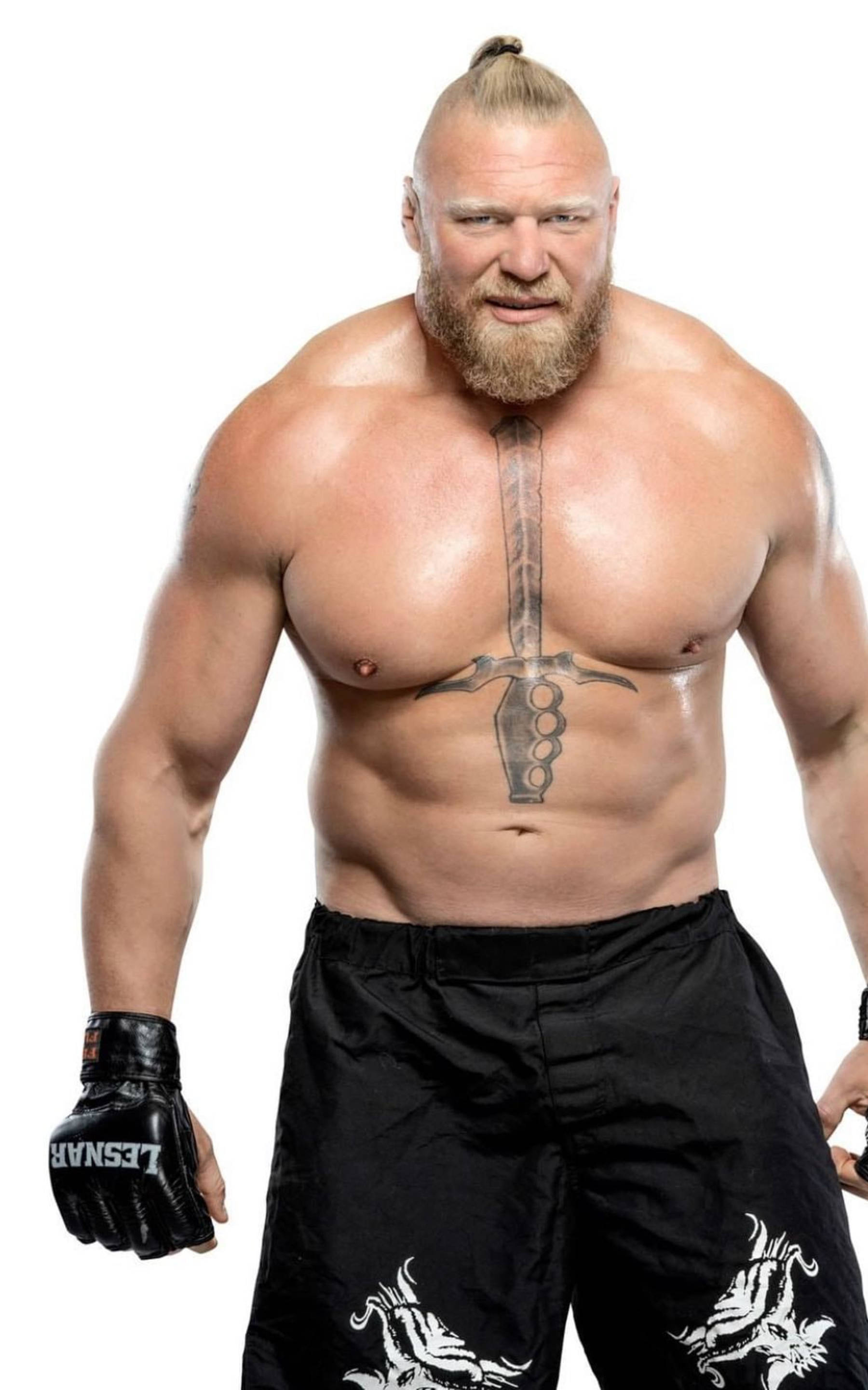WWE 桌布 壁紙 — 一個肌肉發達、留鬍鬚和頂髻的男人，赤裸上身站在白色背景前，穿著黑色短褲和手套。