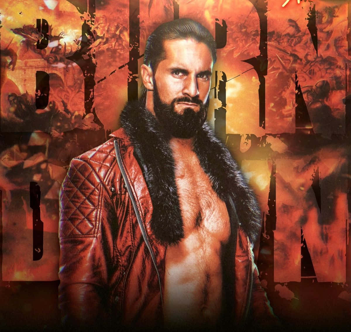 WWE 桌布 壁紙 — 一個肌肉發達、留鬍鬚的男人，身穿紅色皮夾克配毛領，在熾熱的橙黑色戰鬥主題背景前凝視。