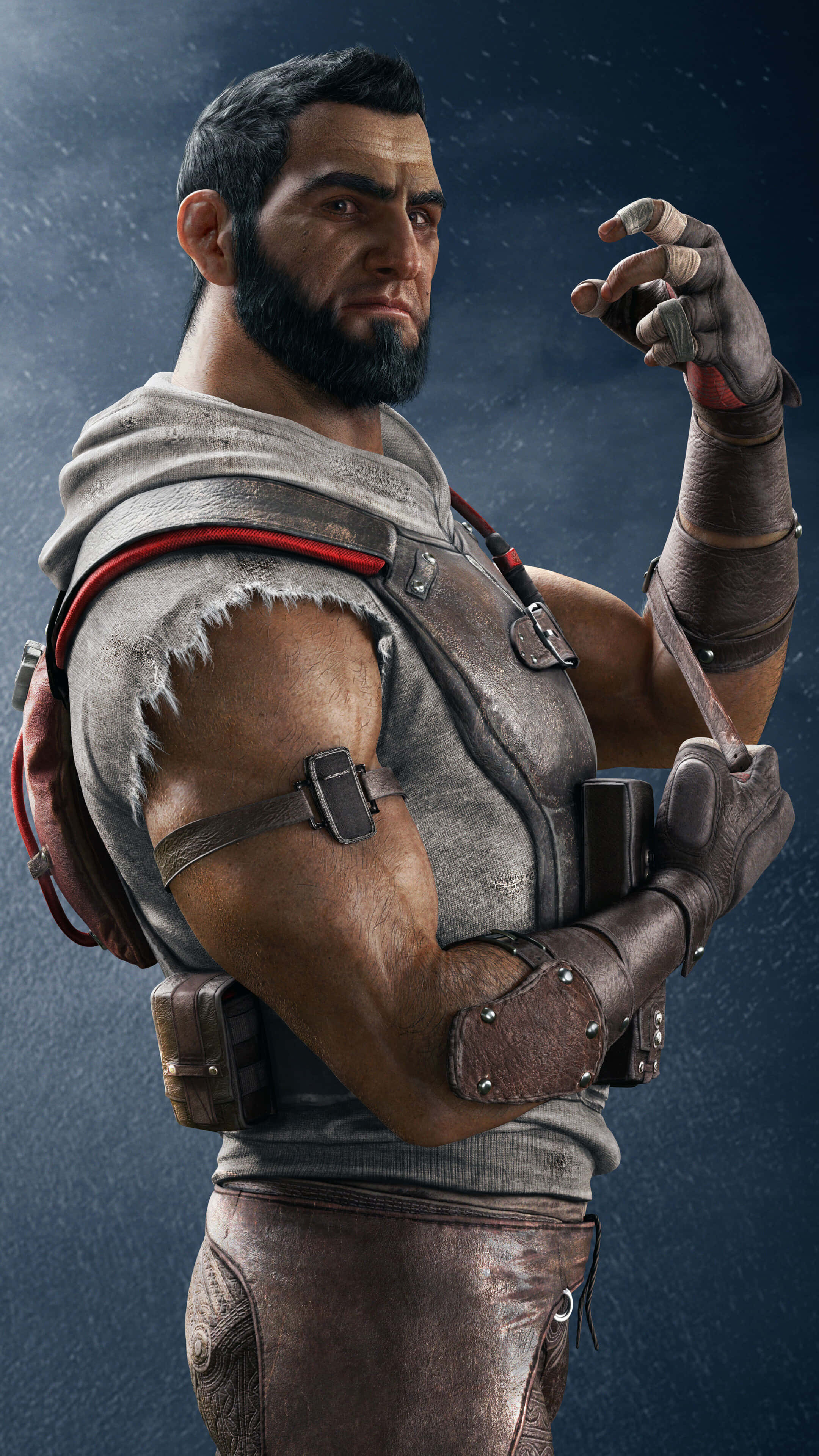 Rainbow Six Siege Operators 桌布 壁紙 — 一個肌肉發達、留鬍鬚的男人，身穿粗獷的皮革盔甲，站在風雨交加的黑暗環境中，雨水在他周圍落下。