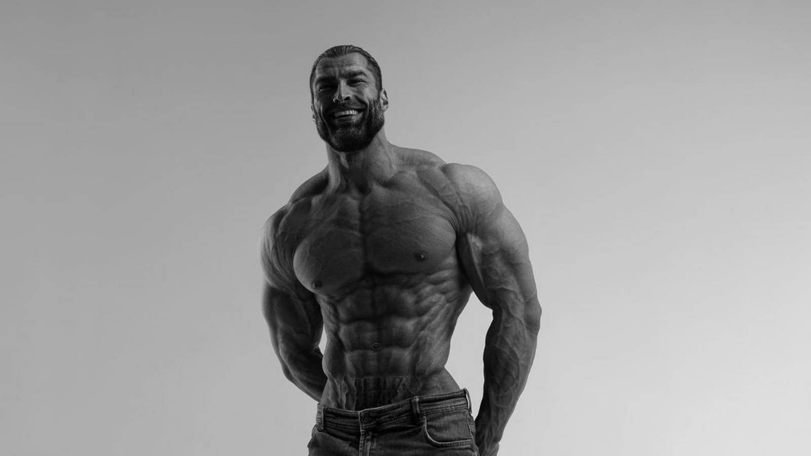 一個微笑的肌肉男留鬍鬚在攝影棚擺姿勢 — Giga Chad GIF 壁紙