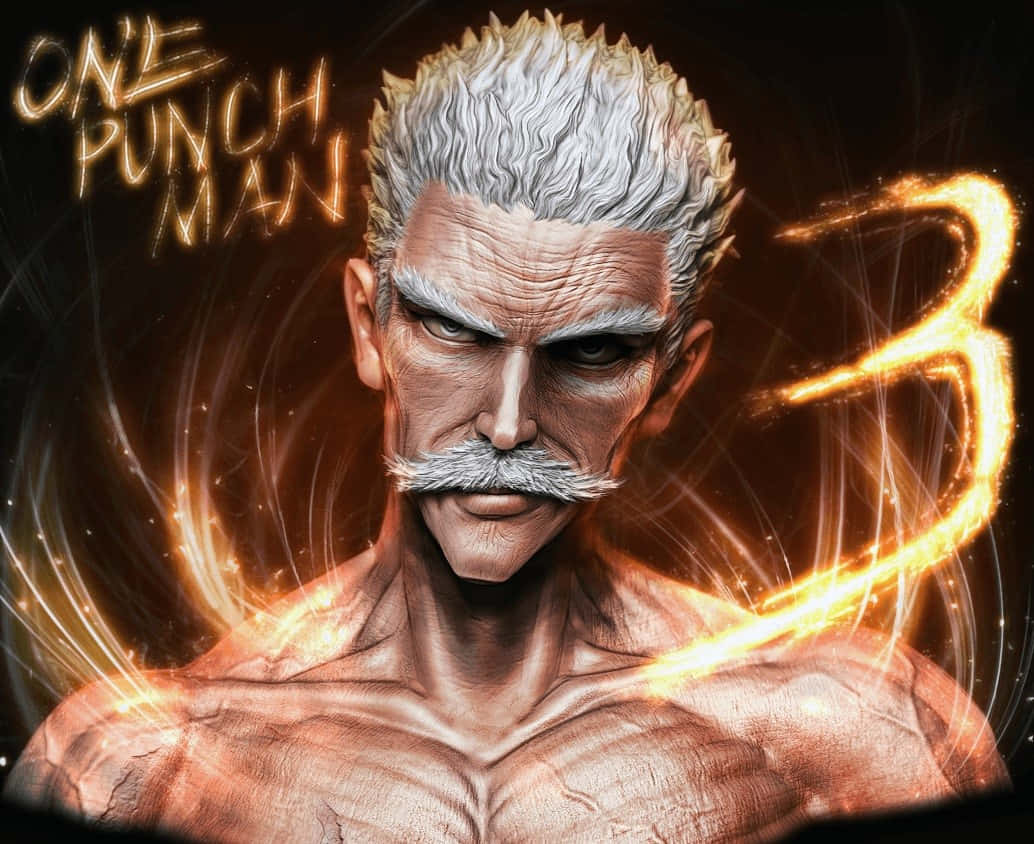 One Punch Man Bang 桌布 壁紙 — 一個肌肉發達、白髮白鬚的男人在黑暗背景中散發著火焰般的能量。
