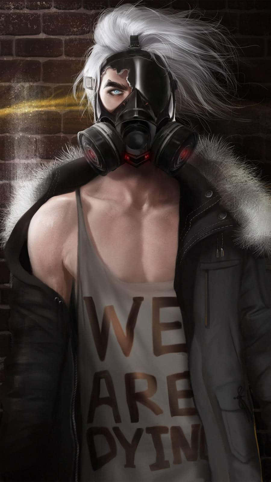 Mask Boy 桌布 壁紙 — 一個肌肉發達、白髮的人物戴著防毒面具和毛領大衣，靠著磚牆，襯衫上寫著「WE ARE DYING」。