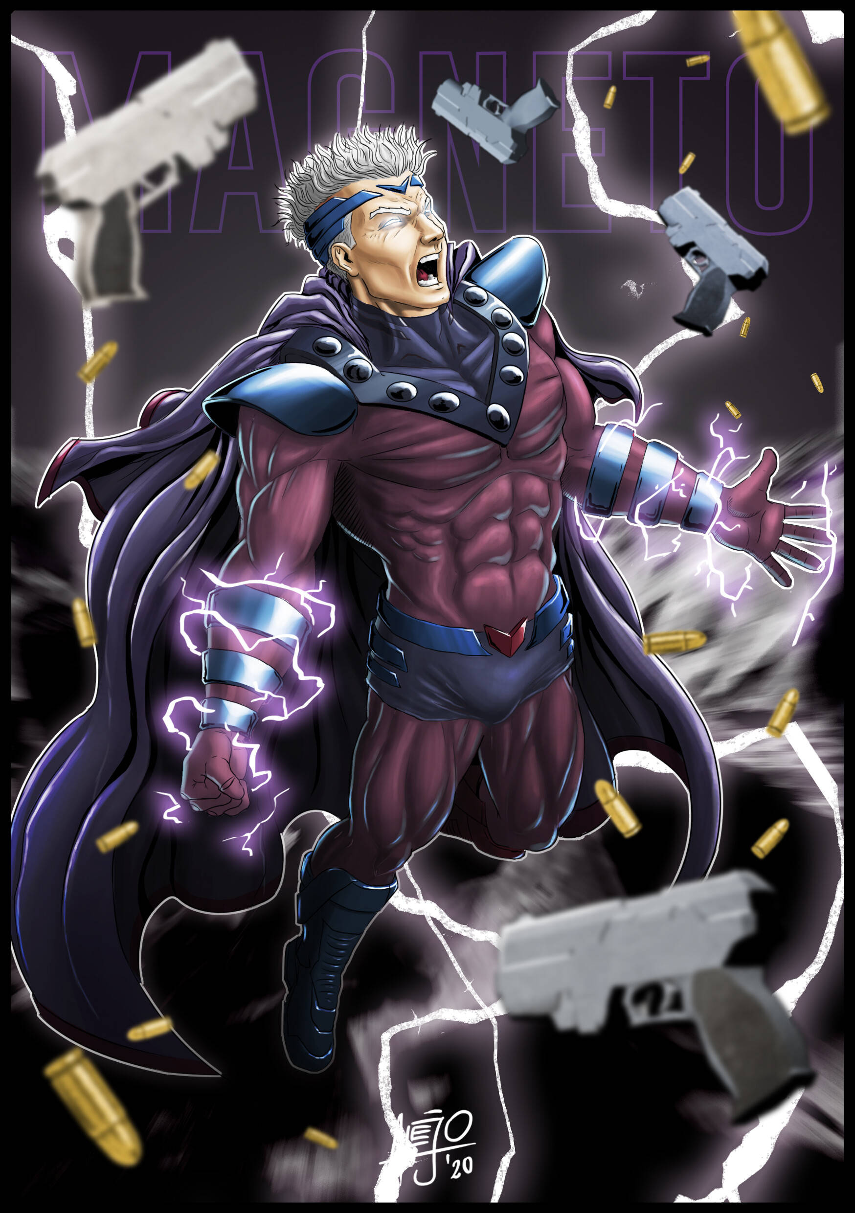 Magneto 桌布 壁紙 — 一個肌肉發達、白髮紫斗篷的變種人，在槍支和子彈飛舞中釋放磁力。
