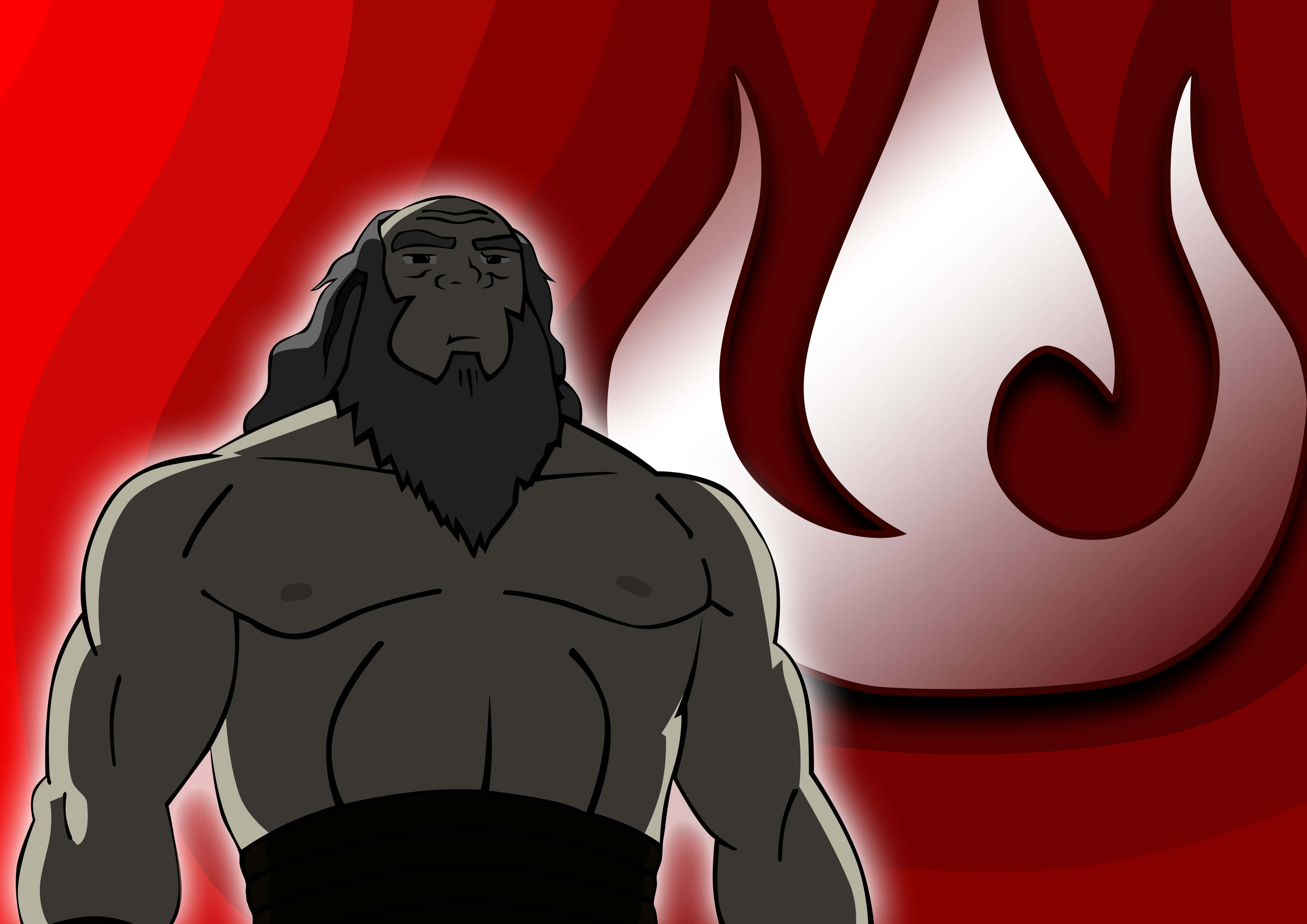 Uncle Iroh 桌布 壁紙 — 一個肌肉發達、皮膚黝黑、留著長鬍鬚的人物，站在一個風格化的白色火焰前，背景是鮮豔的紅色。