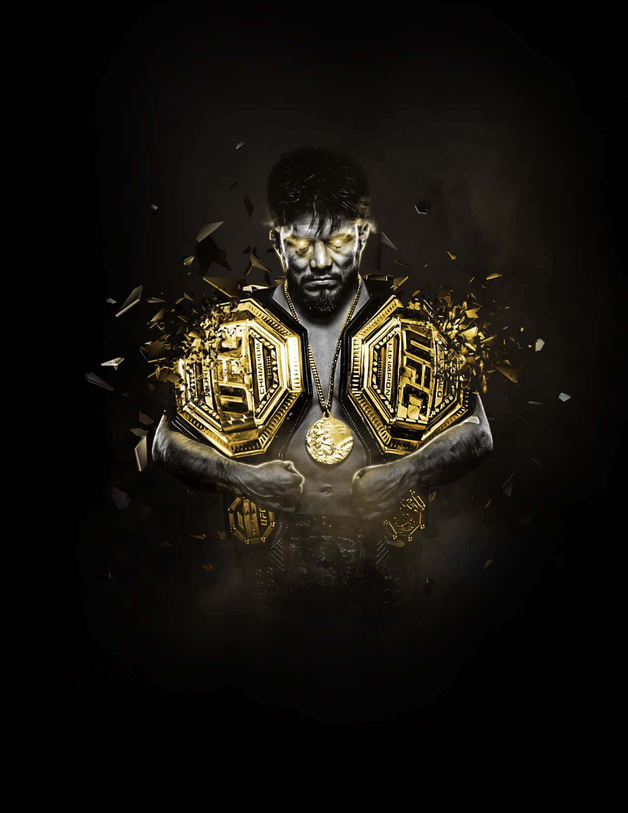 UFC 桌布 壁紙 — 一個肌肉發達、眼睛發光的戰士，在黑暗背景下佩戴兩條金色UFC冠軍腰帶，金色碎片在他周圍爆炸。