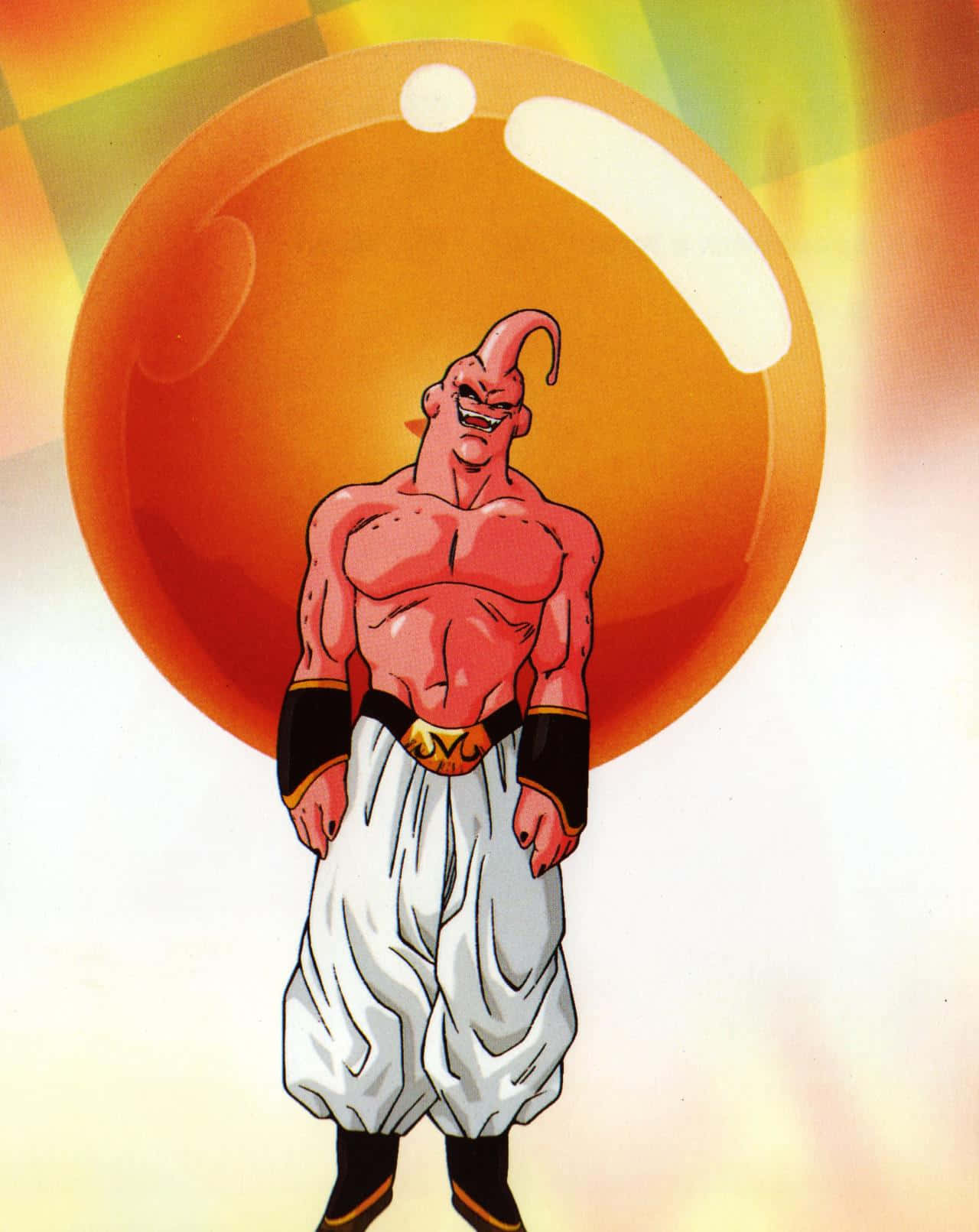 Buu Saga 桌布 壁紙 — 一個肌肉發達、粉紅色皮膚、頭上有角的動漫角色，自信地站在發光的橙色球體前，背景是耀眼的黃色。
