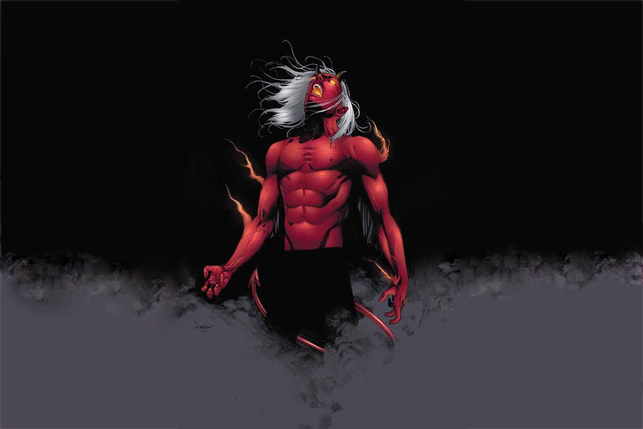 酷炫惡魔 桌布 壁紙 — 一個肌肉發達、紅皮膚、白髮、有角的惡魔在黑暗背景中尖叫，手臂上迸發出火焰般的能量。