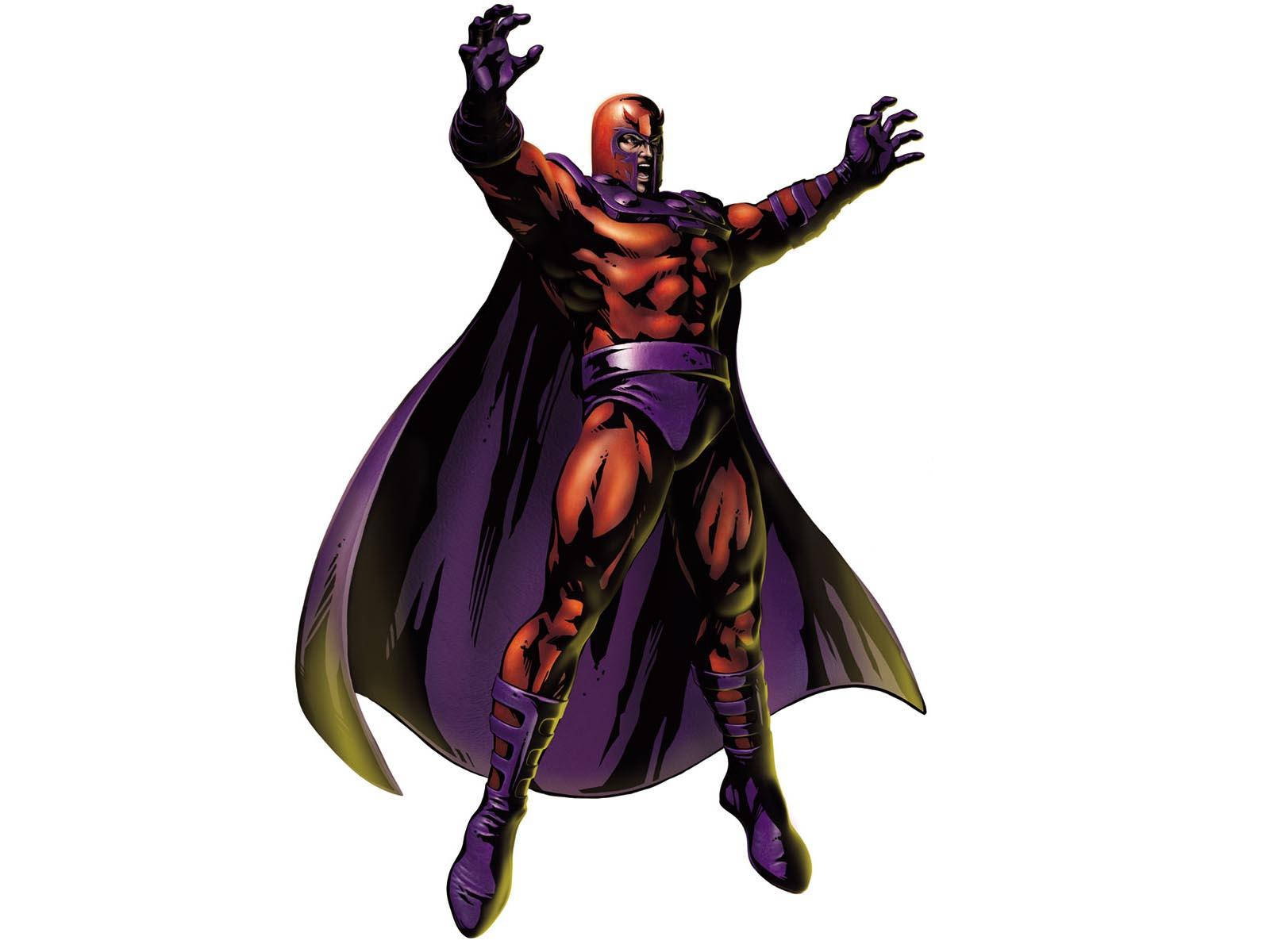 Magneto 桌布 壁紙 — 一個肌肉發達、紅色皮膚、披著紫色斗篷的超級英雄，在白色背景前動態地伸展雙臂站立。