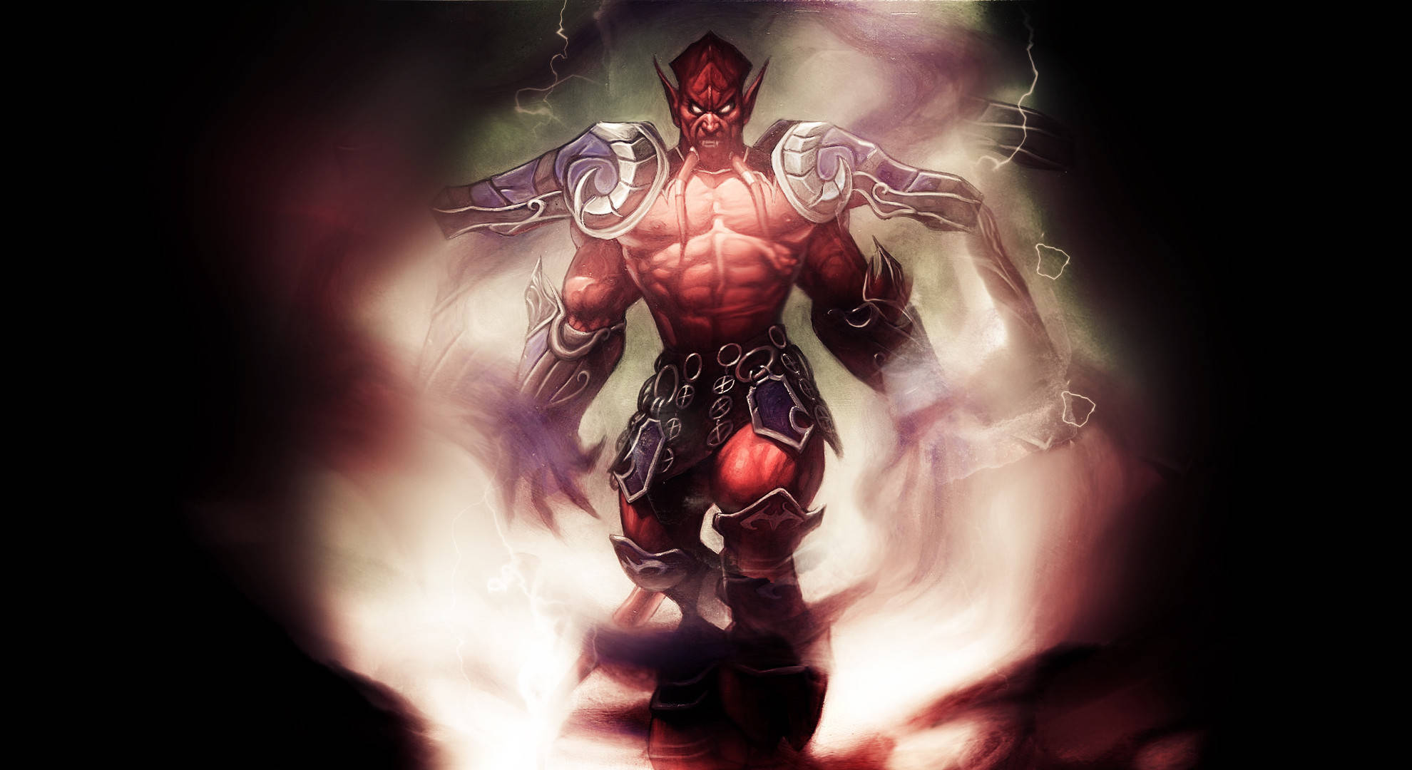 HD Gaming 桌布 壁紙 — 一個肌肉發達、紅色皮膚、有角和盔甲的惡魔戰士，站在旋轉的煙霧和閃電中，處於黑暗而戲劇性的場景。