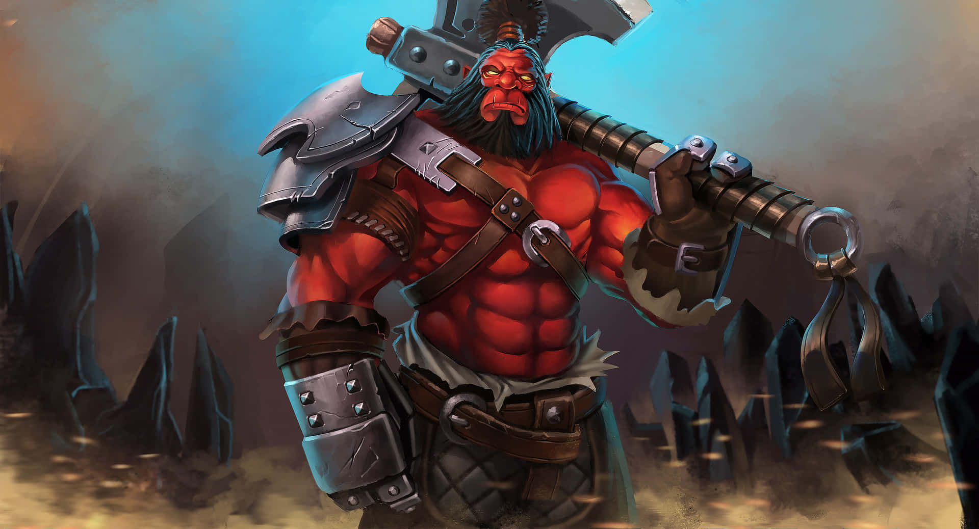 dota 2 4K 桌布 壁紙 — 一個肌肉發達、紅色皮膚、藍色鬍子的獸人戰士，在岩石戰場上揮舞著一把巨大的尖刺斧頭。