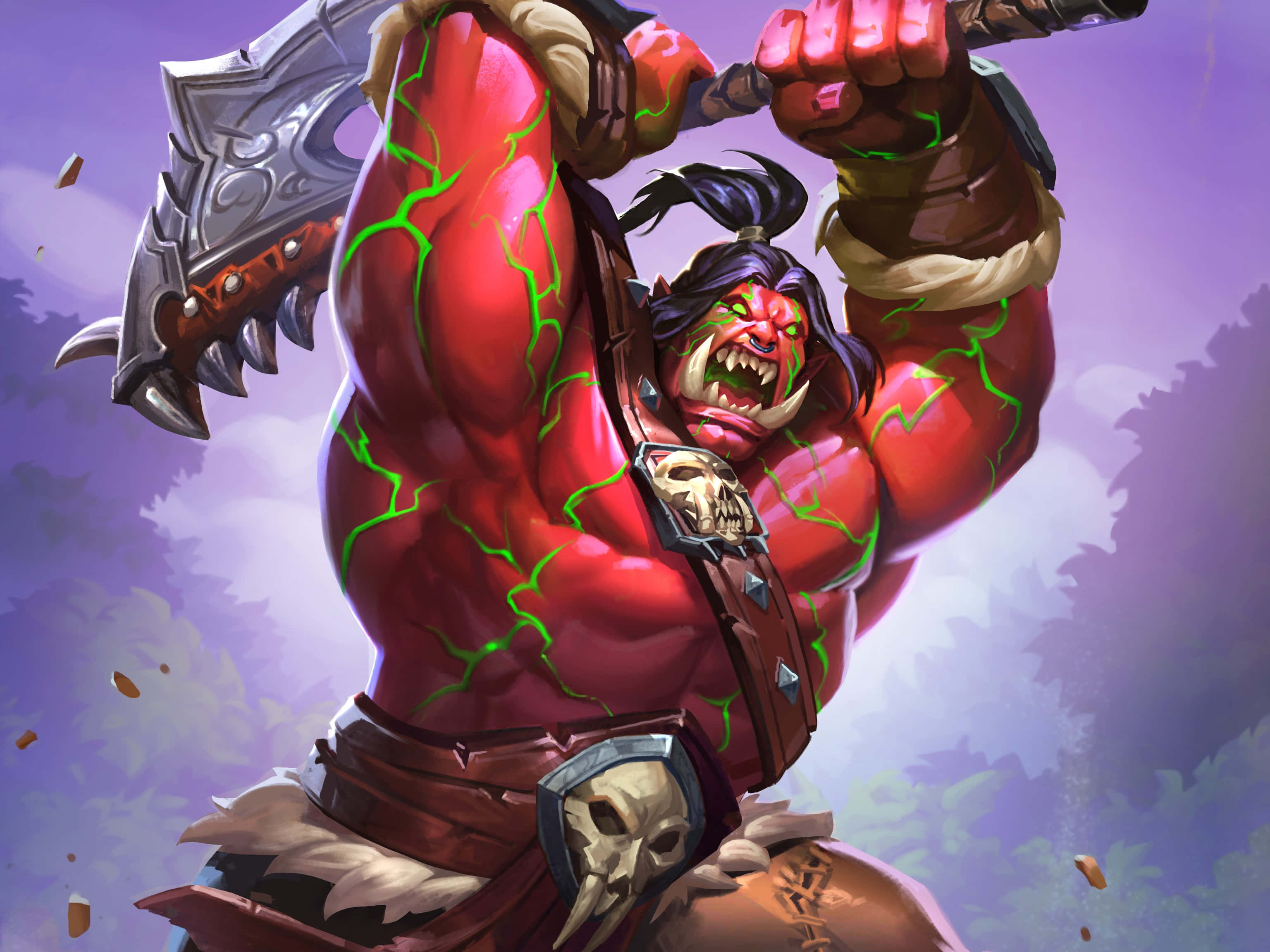 Mobile Legends 動態圖 桌布 壁紙 — 一個肌肉發達、紅色皮膚的獸人戰士，身上有綠色閃電劈啪作響，舉起一把巨大的尖刺戰斧，背景是紫色的天空。