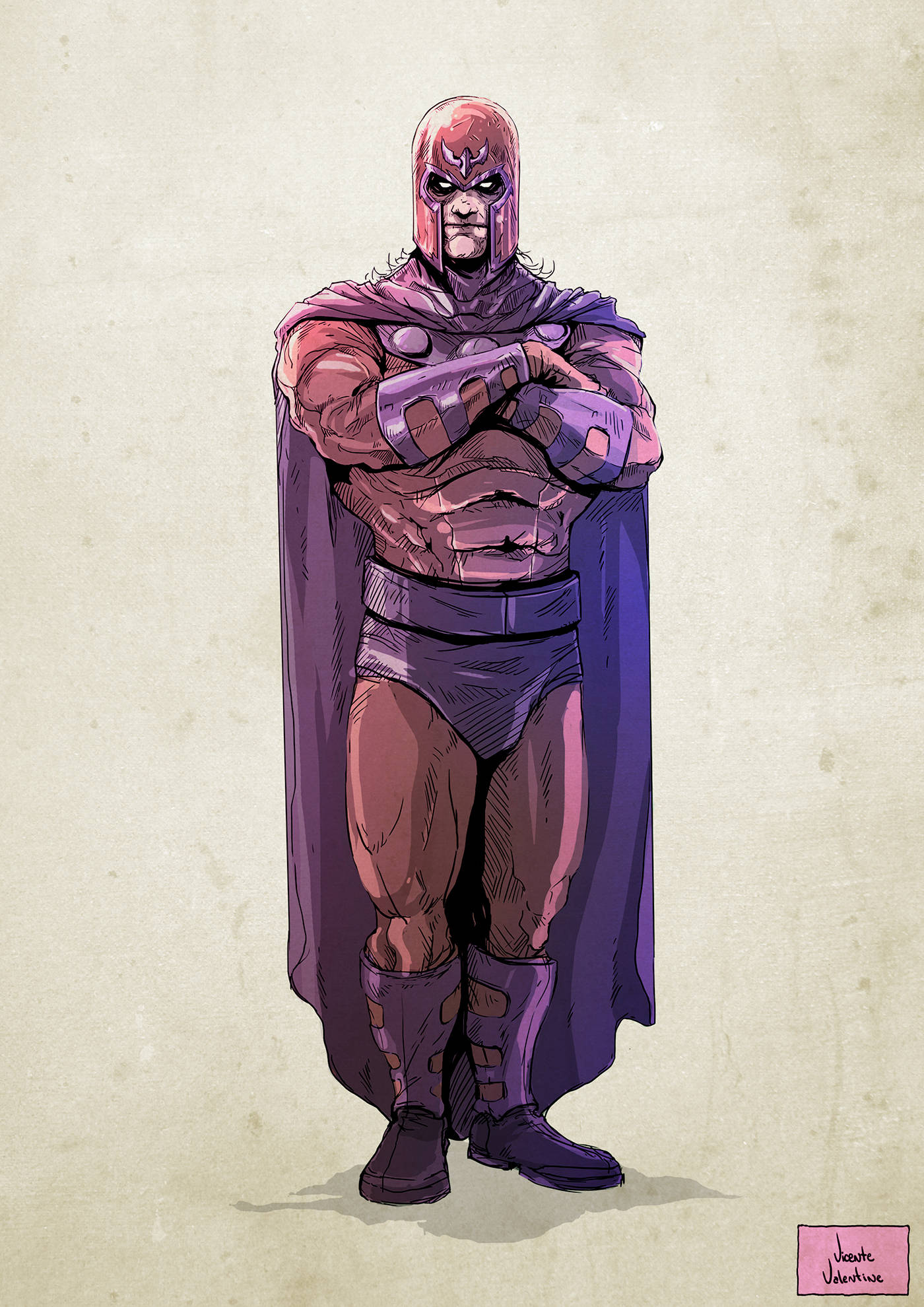 Magneto 桌布 壁紙 — 一個肌肉發達、紫色皮膚、光頭、披著斗篷的超級英雄，自信地交叉雙臂，站在有紋理的米色背景前。