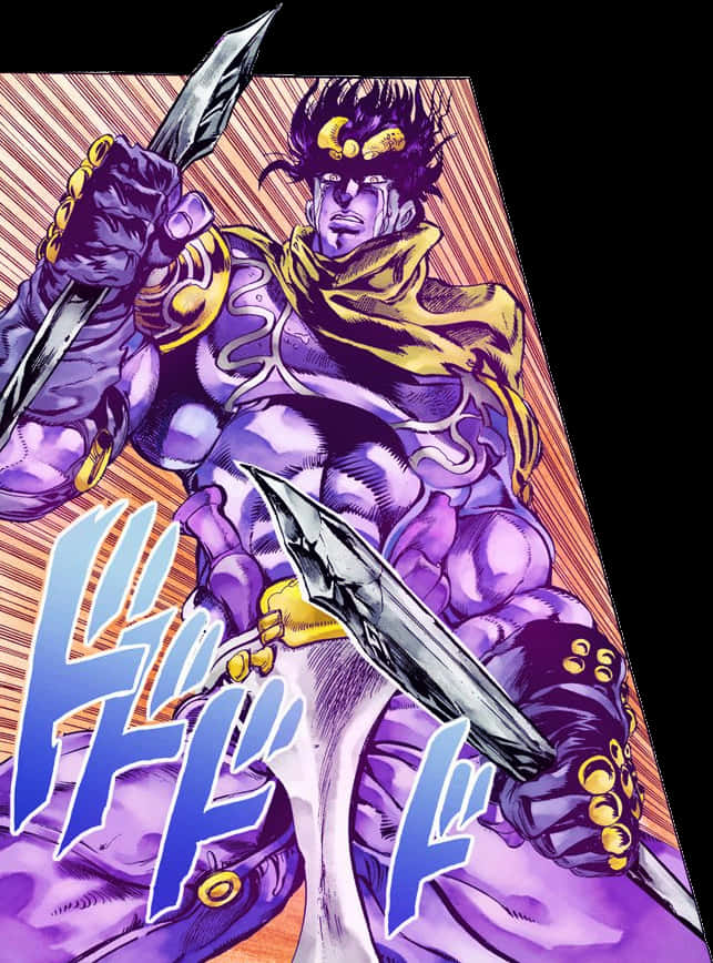 Star Platinum 桌布 壁紙 — 一個肌肉發達、紫色皮膚、頭髮尖刺的動漫戰士，在動感條紋背景中揮舞兩支長矛。