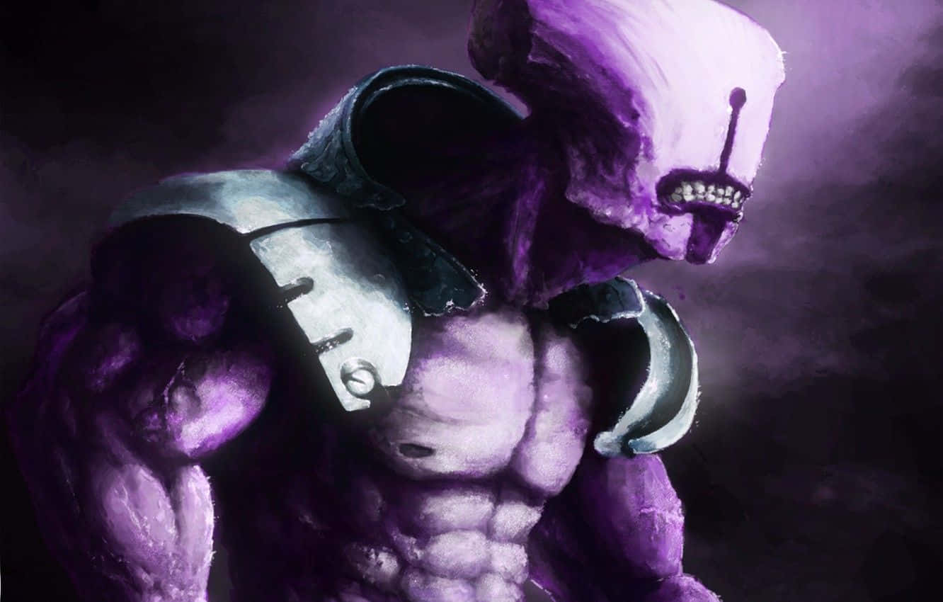 Faceless Void 桌布 壁紙 — 一個肌肉發達、紫色皮膚的外星戰士，戴著頭盔和盔甲，站在黑暗煙霧彌漫的環境中。