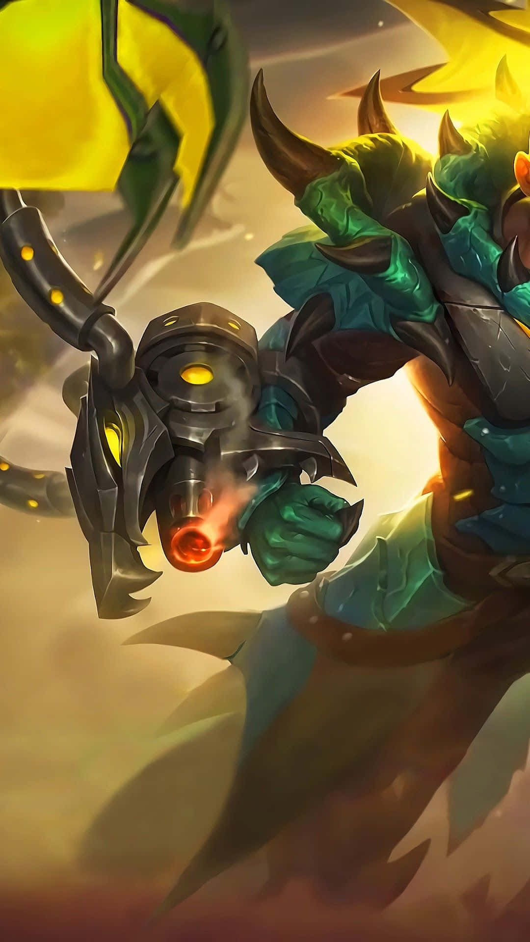 Mobile Legends 動態圖 桌布 壁紙 — 一個肌肉發達、綠色皮膚、有角的戰士，在熾熱的背景中揮舞著發光的機械武器。