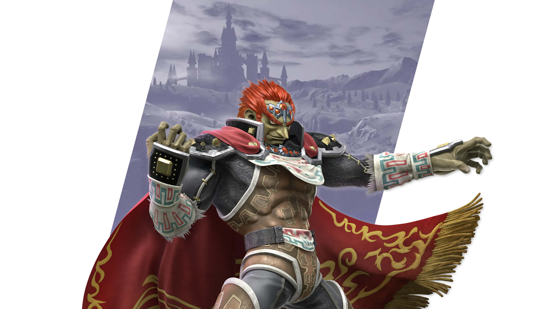 Ganondorf 桌布 壁紙 — 一個肌肉發達、綠色皮膚、紅髮、身穿華麗盔甲的戰士，在雪城堡背景下動態地站立。