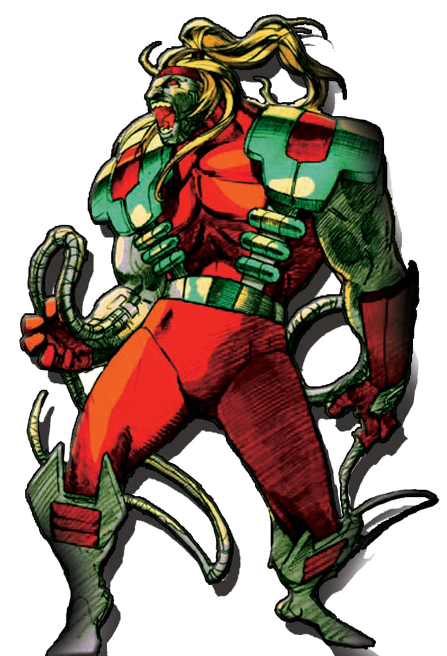 Omega Red 桌布 壁紙 — 一個肌肉發達、綠色皮膚、金髮、觸手手臂的動漫戰士，穿著紅色和綠色盔甲，以動態姿勢咆哮。
