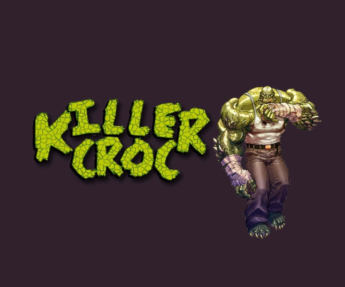 Killer Croc 桌布 壁紙 — 一個肌肉發達、綠色皮膚的殺手鱷站在他破裂的綠色標誌旁邊，背景是深紫色。
