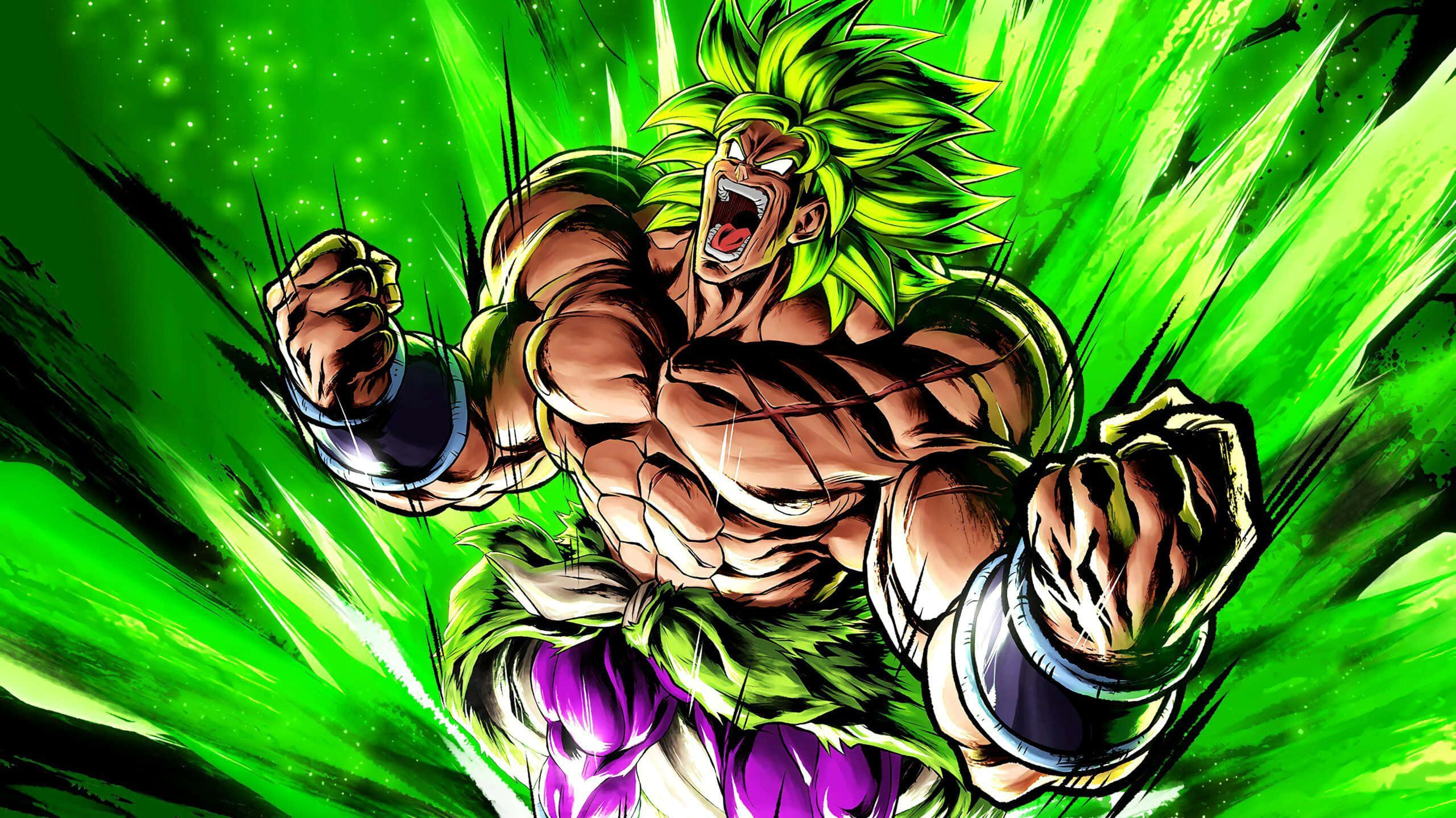 Dragon Ball Z Broly 桌布 壁紙 — 一個肌肉發達、綠色頭髮的動漫戰士，在充滿活力的綠色能量爆發背景下握緊拳頭咆哮。