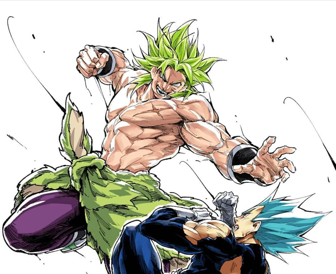 Vegeta And Broly 桌布 壁紙 — 一個肌肉發達、綠色頭髮的動漫戰士以動態戰鬥姿勢主導畫面，背景為純白色。