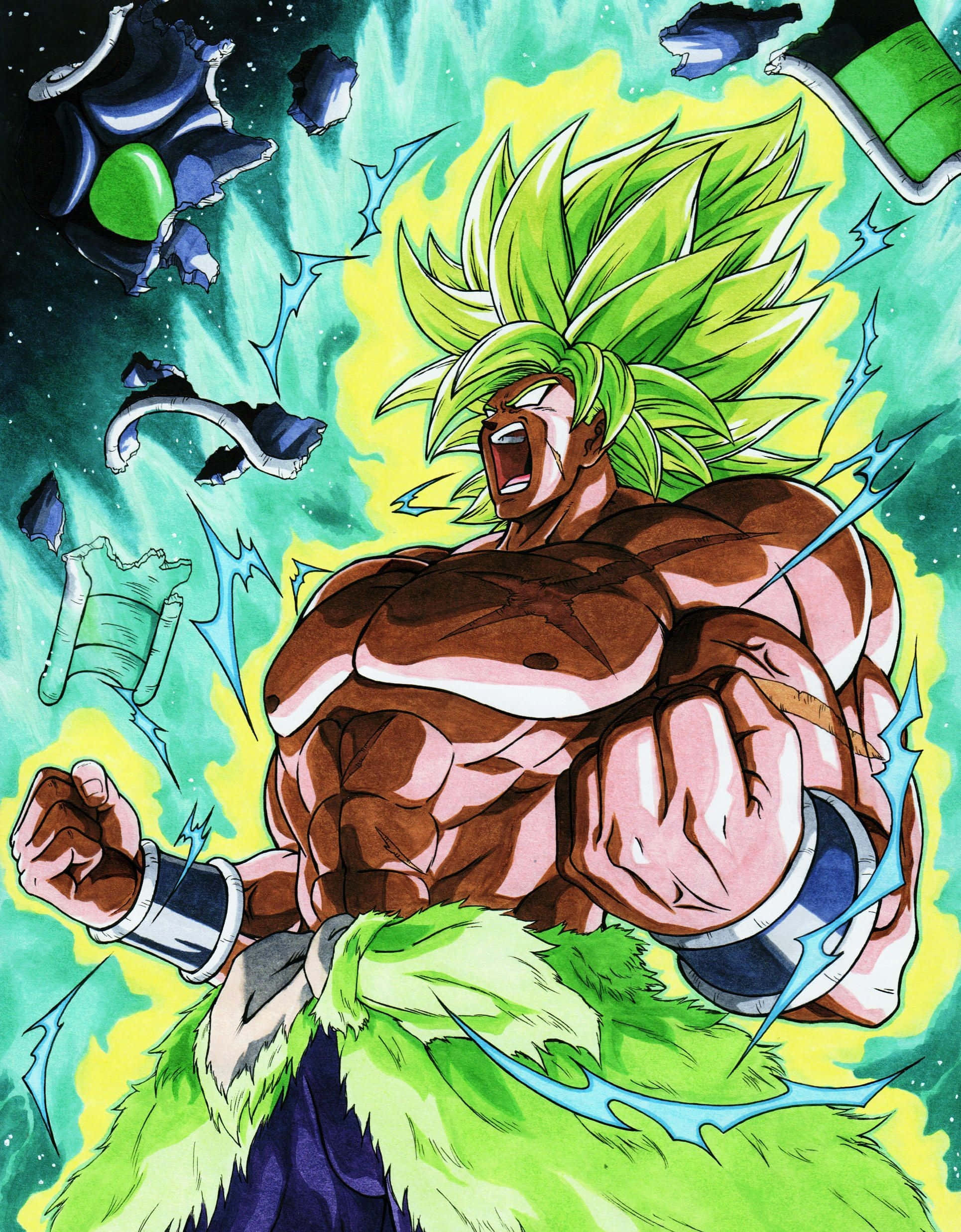 Legendary Super Saiyan 桌布 壁紙 — 一個肌肉發達、綠色頭髮的動漫戰士在宇宙背景下咆哮，周圍能量噼啪作響。
