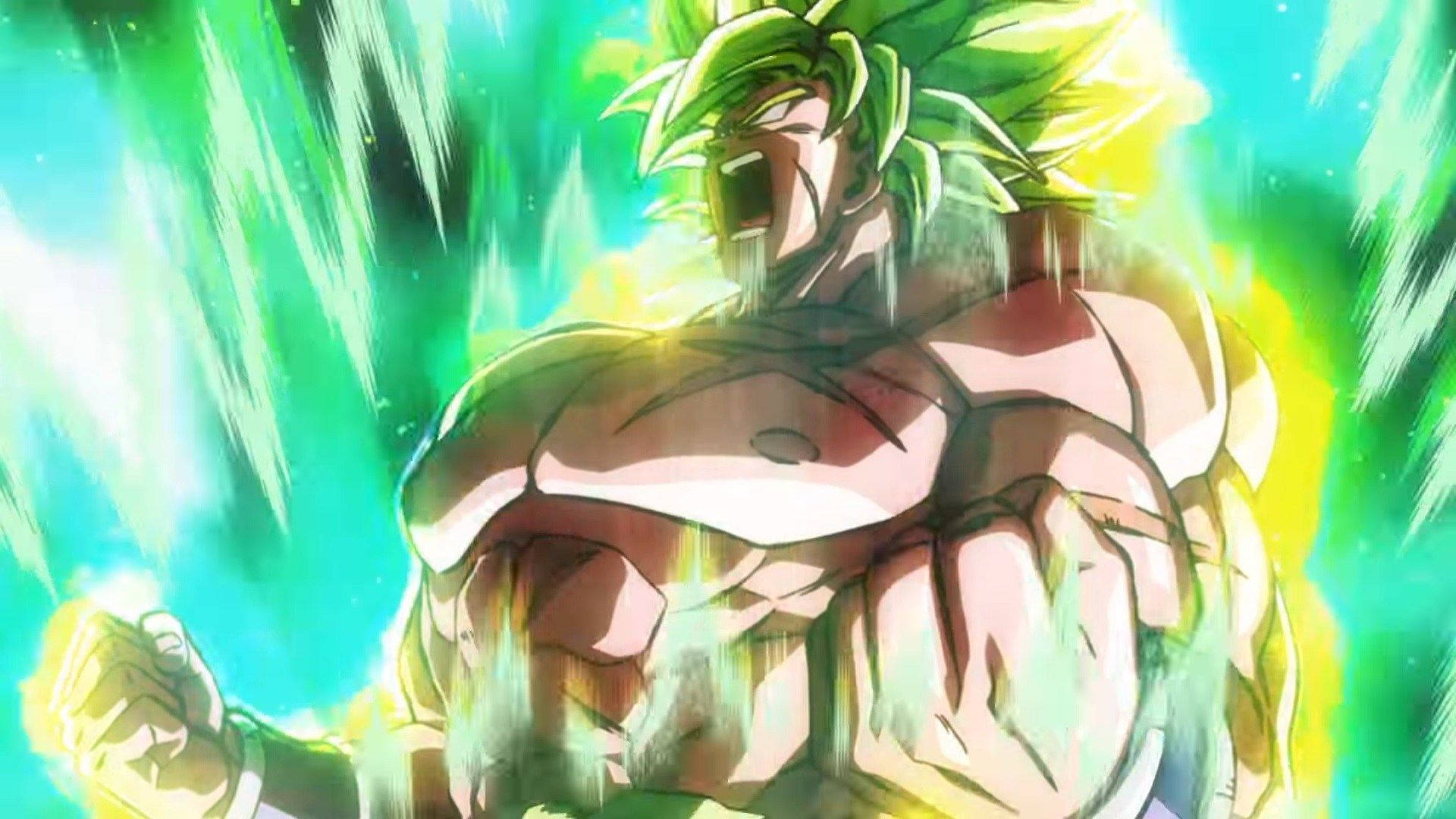 Super 桌布 壁紙 — 一個肌肉發達、綠色頭髮的動漫戰士咆哮著，身體散發出發光的能量，背景是充滿活力的綠色和黃色。