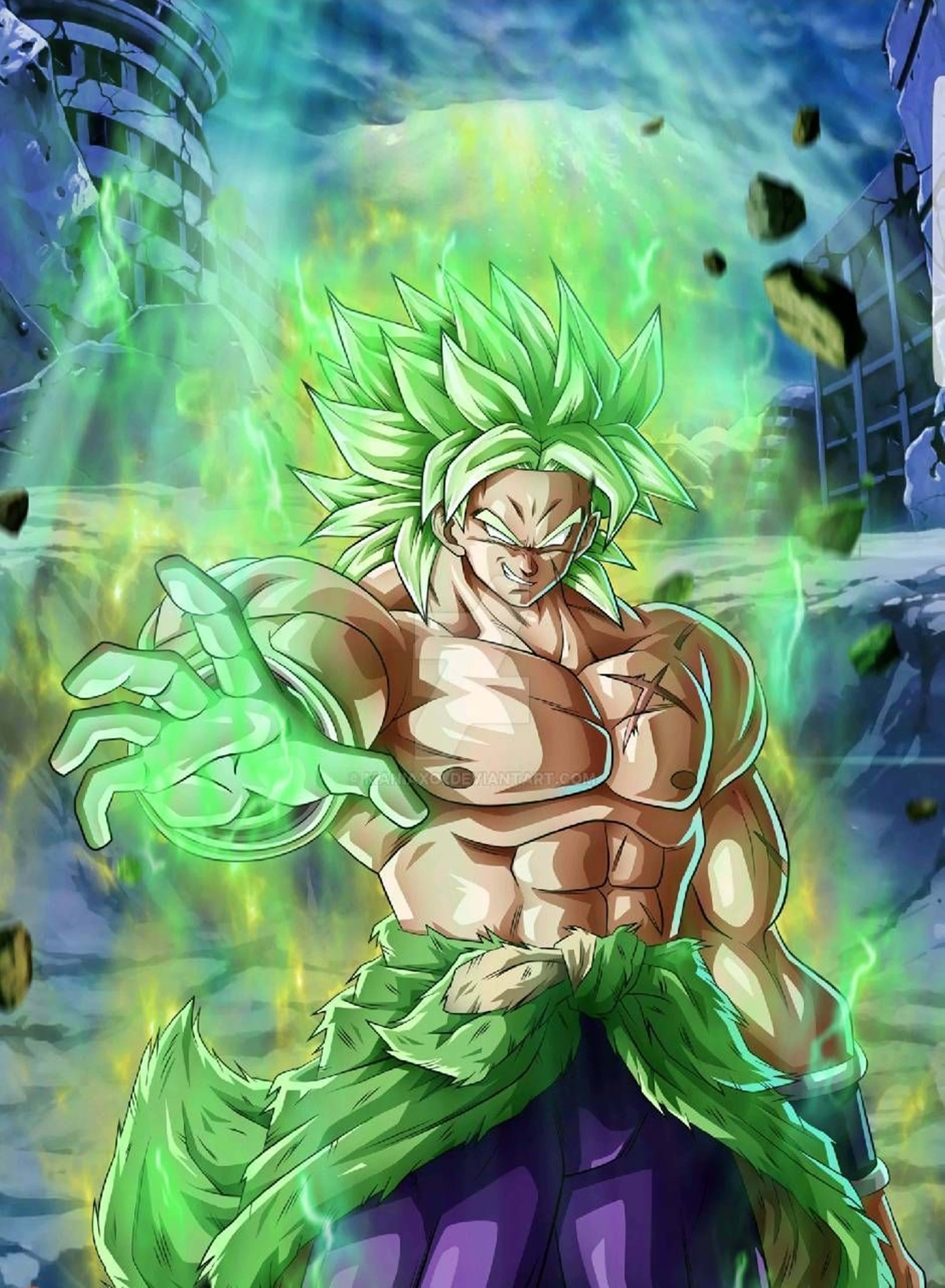 Broly 4K 桌布 壁紙 — 一個肌肉發達、綠色頭髮的動漫戰士，在崩塌的建築物和飛揚的碎片中向前揮拳，散發出能量。