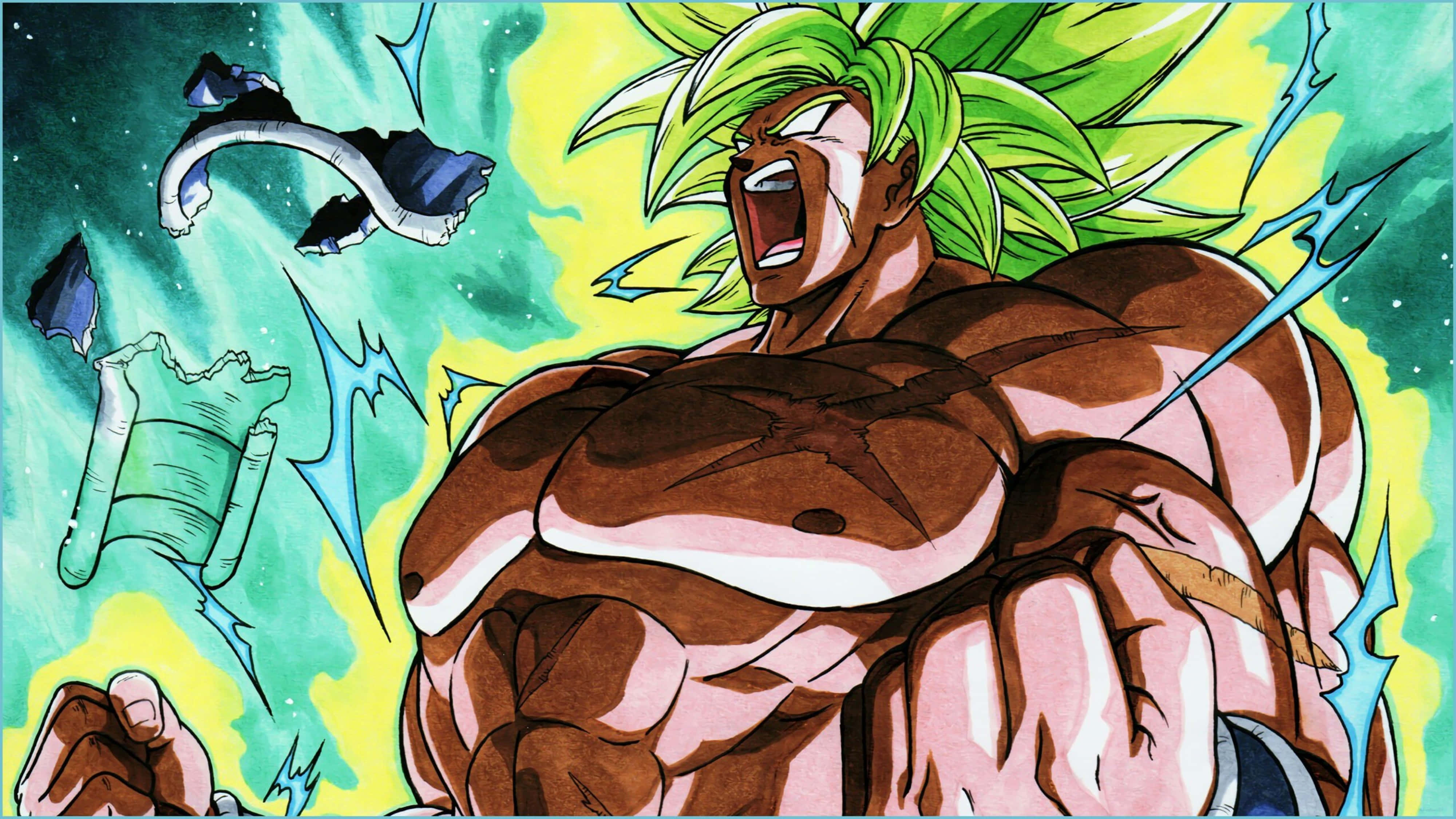 Broly 4K 桌布 壁紙 — 一個肌肉發達、綠色頭髮的動漫戰士在宇宙綠色和黃色背景下咆哮，周圍能量劈啪作響。