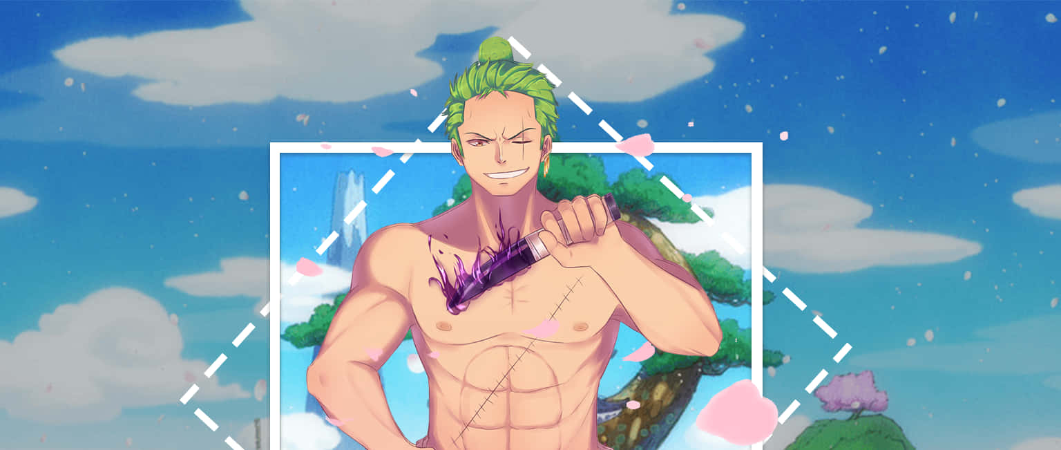 海賊王 桌布 壁紙 — 一個肌肉發達、綠色頭髮的動漫男子，在佈滿雲朵和櫻花的天空下揮舞著帶有紫色能量的劍。