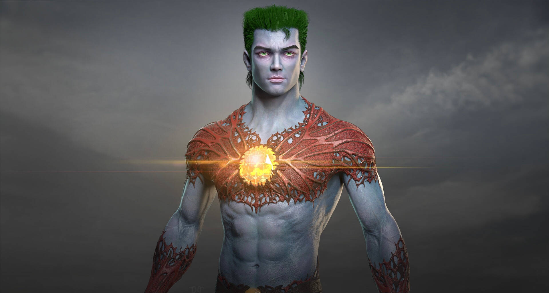 Captain Planet 桌布 壁紙 — 一個肌肉發達、綠髮、胸前盔甲發光的男人，站在暴風雨的灰色天空下。