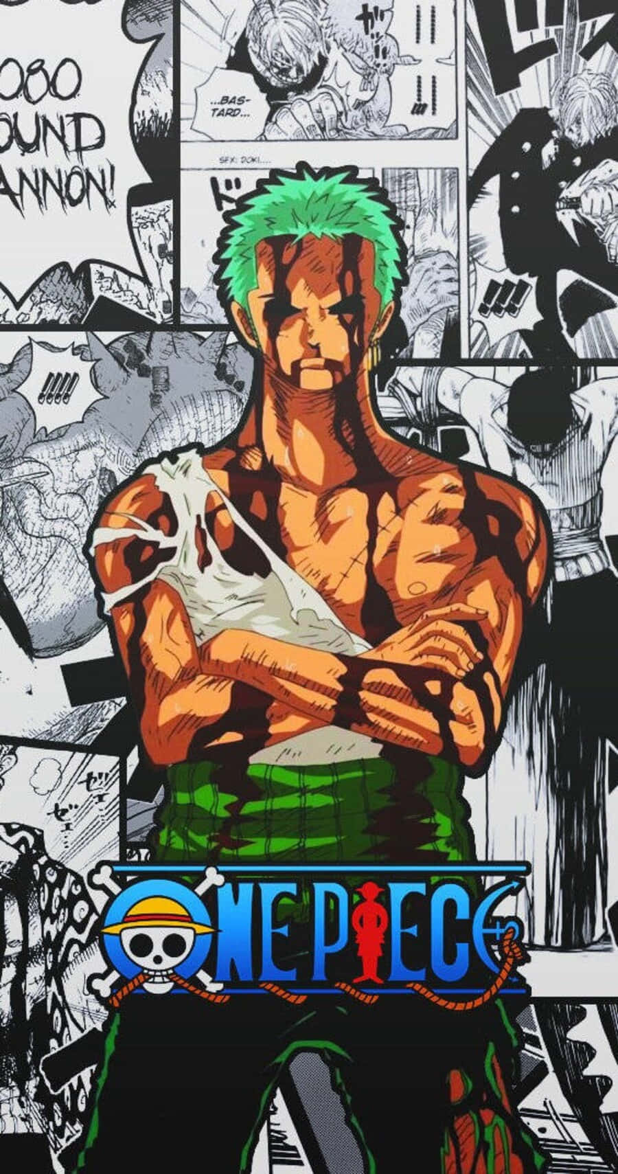 One Piece Manga 桌布 壁紙 — 一個肌肉發達、綠髮、襯衫破爛的動漫戰士，自信地站在帶有One Piece標誌的漫畫面板背景前。