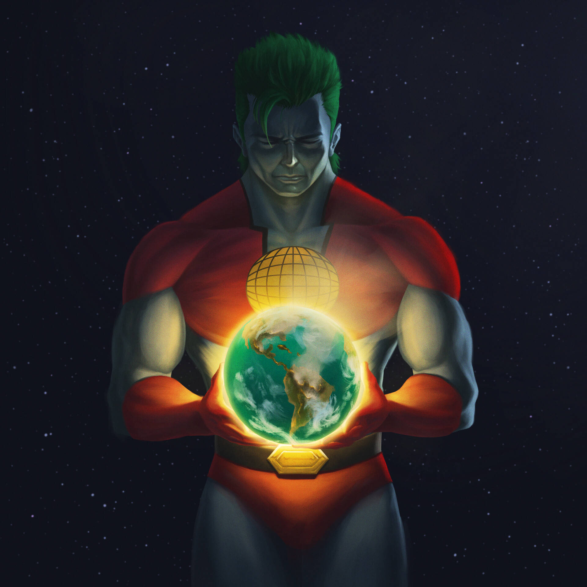 Captain Planet 桌布 壁紙 — 一個肌肉發達、綠髮的超級英雄，在星空宇宙背景下懷抱著發光的地球。