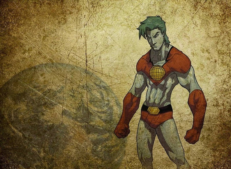 Captain Planet 桌布 壁紙 — 一個肌肉發達、綠髮紅甲的超級英雄，在破舊的羊皮紙背景前挑釁地站立。