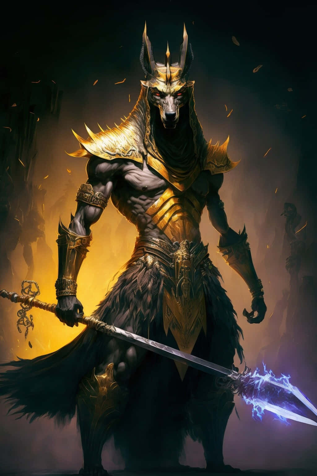Egyptian Gods 桌布 壁紙 — 一個肌肉發達、胡狼頭的金甲戰士，在熾熱背景下揮舞著發光的藍色劍。