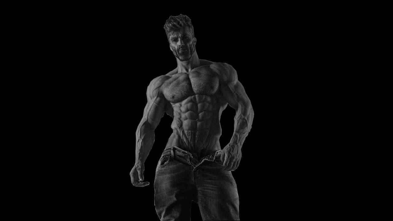 一個赤膊的肌肉男穿著牛仔褲在黑色背景前擺姿勢。 — Giga Chad GIF 壁紙