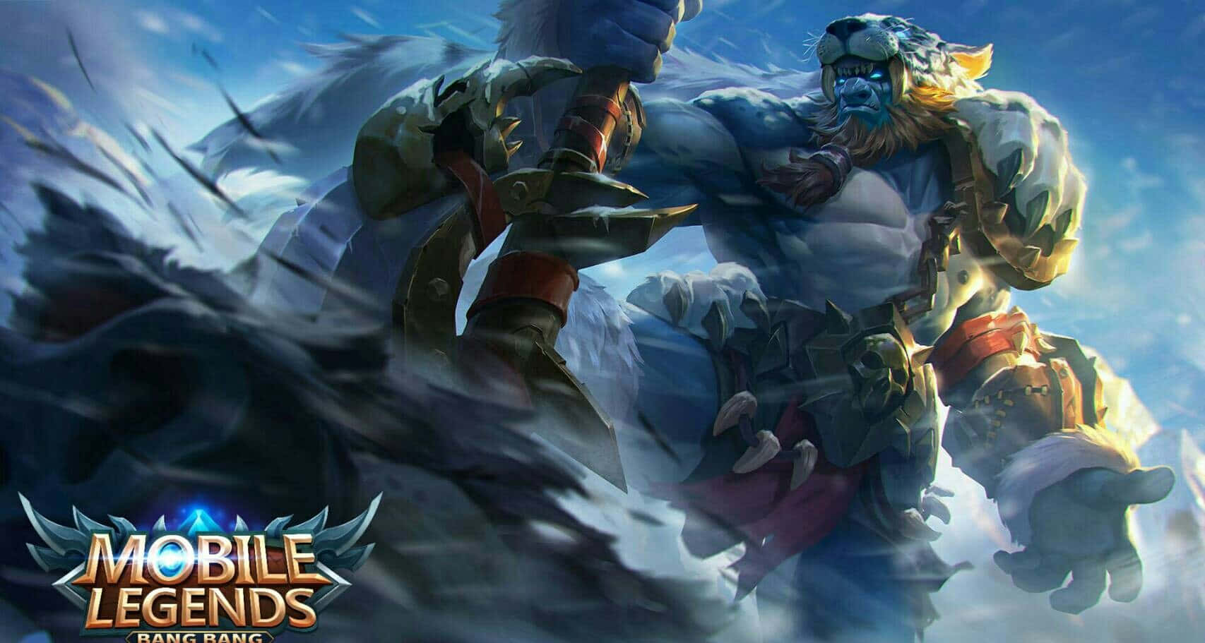 Mobile Gamer 桌布 壁紙 — 一個肌肉發達、藍皮膚、具有老虎特徵和羽毛盔甲的戰士，在明亮的天空下，於旋轉的黑暗能量中向前衝刺。