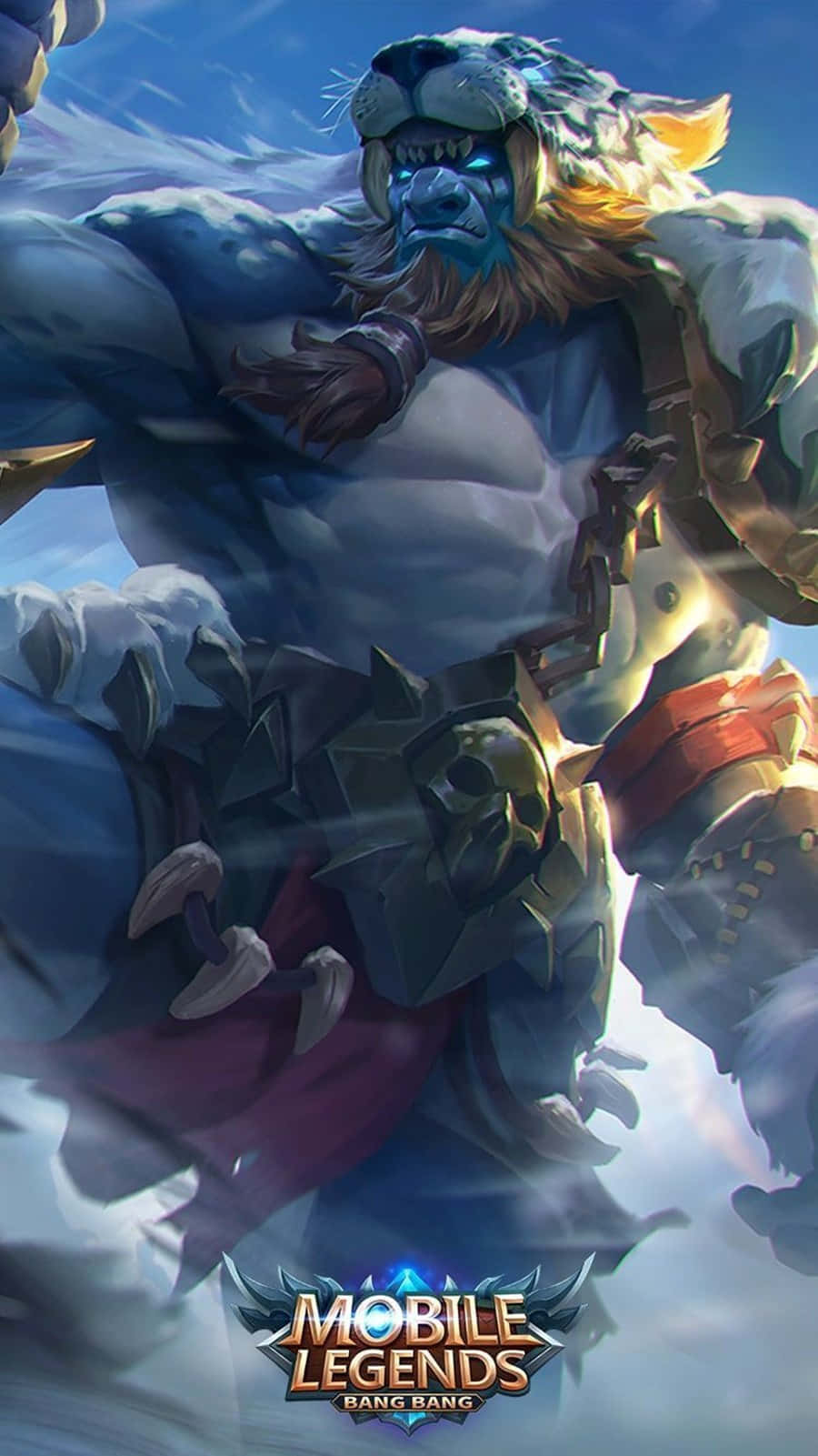 Mobile Legends 動態圖 桌布 壁紙 — 一個肌肉發達、藍皮膚、雙眼發光、身穿盔甲的老虎戰士，在明亮的天空下向前衝鋒。