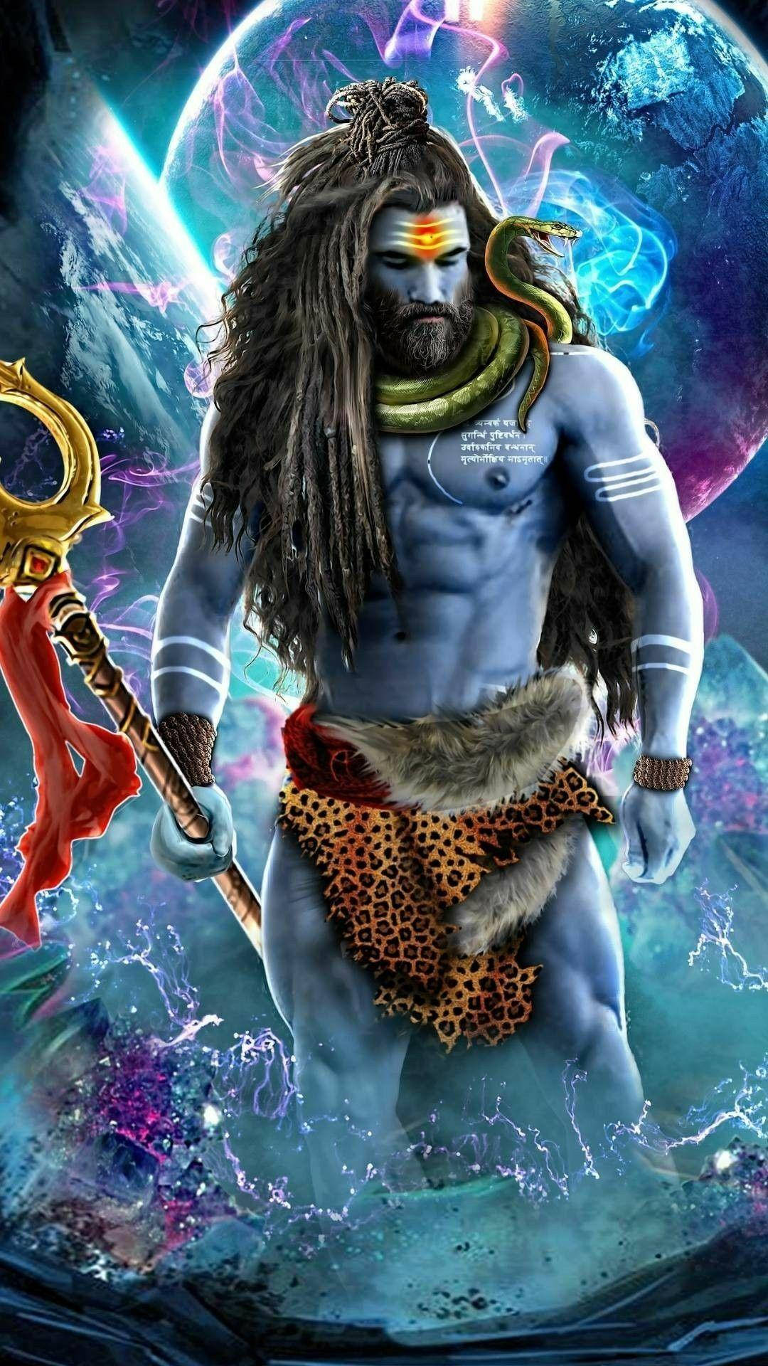 mahakaal HD 桌布 壁紙 — 一個肌肉發達、藍色皮膚、梳著辮子、脖子上纏著蛇的神祇，在充滿發光行星和能量的宇宙背景下強而有力地站立。