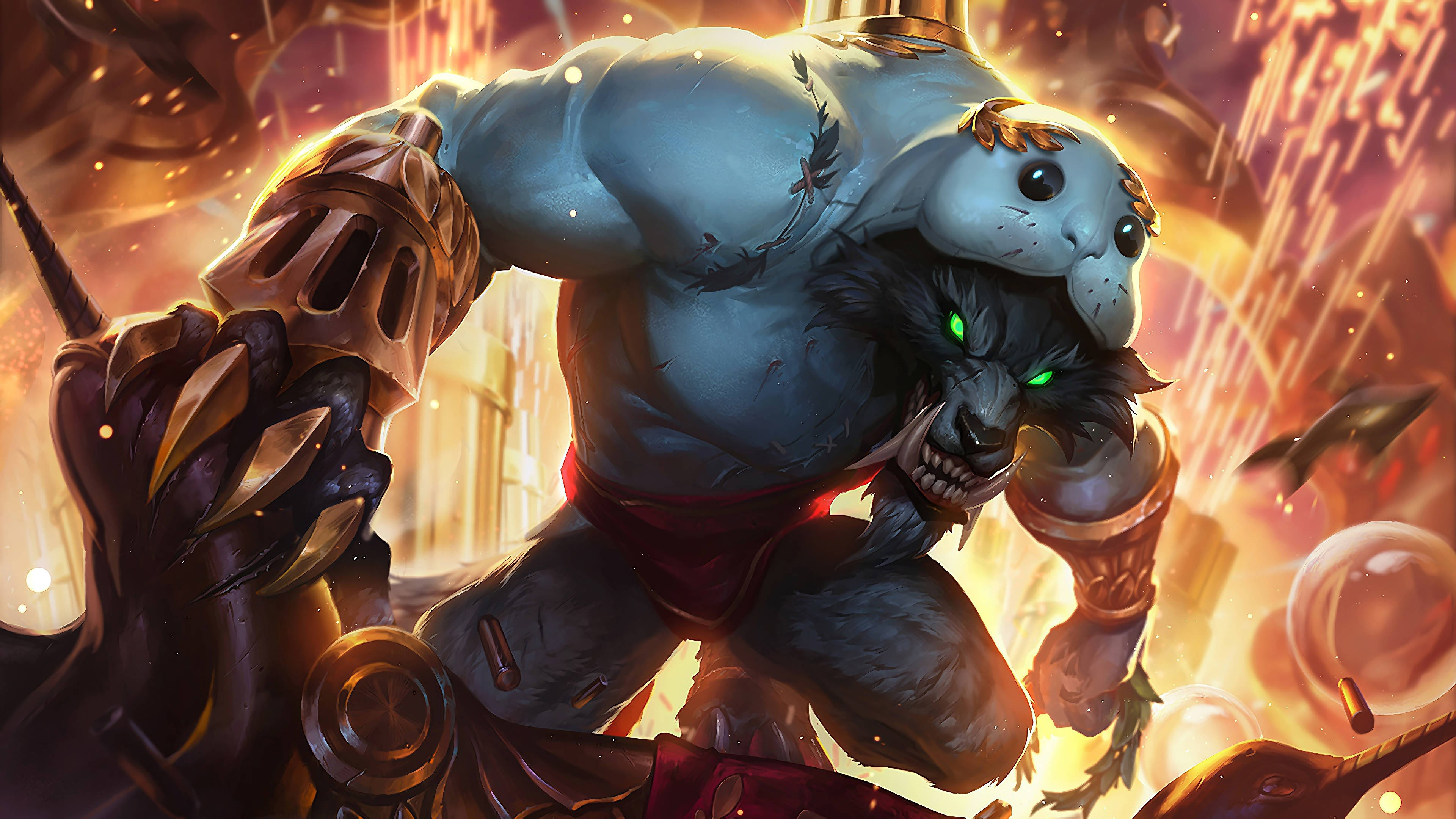 Warwick Lol 桌布 壁紙 — 一個肌肉發達、藍色皮膚、眼睛發出綠光的食人魔，在熾熱的爆炸和漂浮的球體中揮舞著帶刺的棍棒。