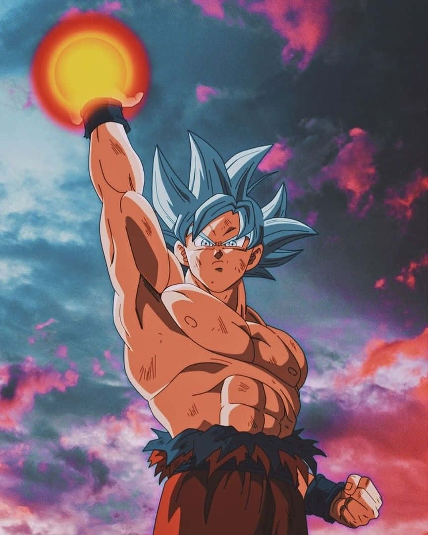 Mui Goku 桌布 壁紙 — 一個肌肉發達、藍色頭髮的動漫戰士，在戲劇性的紫色和粉紅色天空下舉起一個發光的橙色球體。