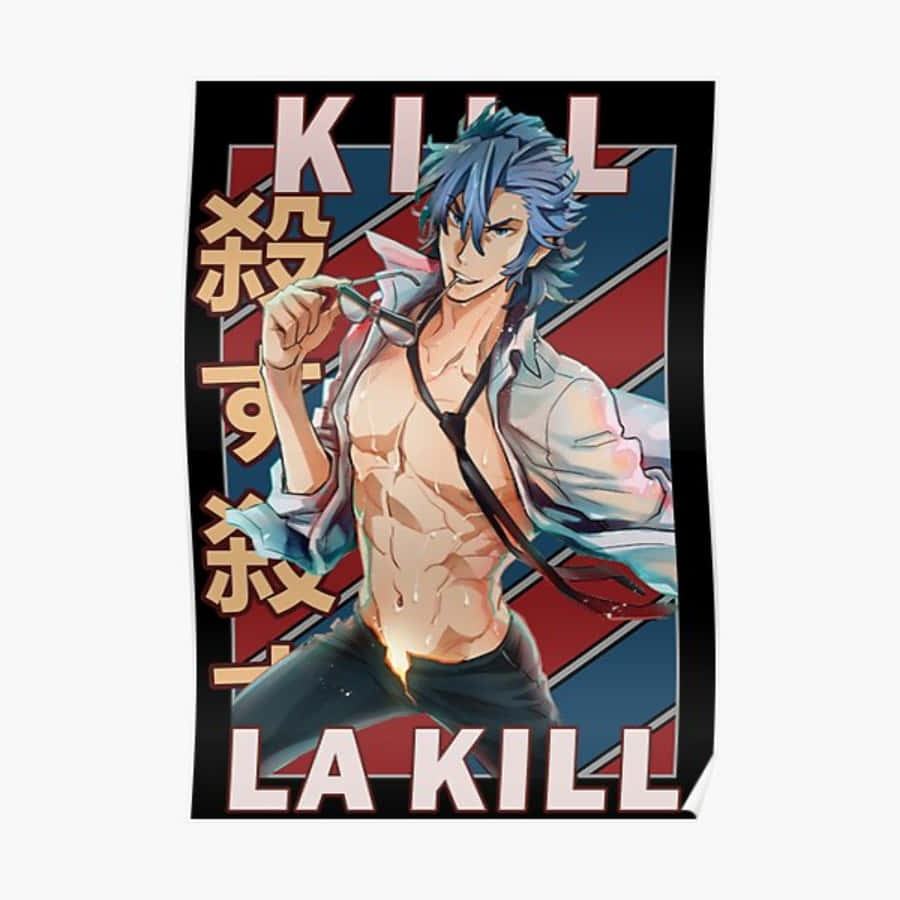 Aikuro Mikisugi 桌布 壁紙 — 一個肌肉發達、藍色頭髮的動漫男子穿著破爛襯衫，拿著眼鏡，背景為大膽的紅、藍、黑幾何圖案和文字。