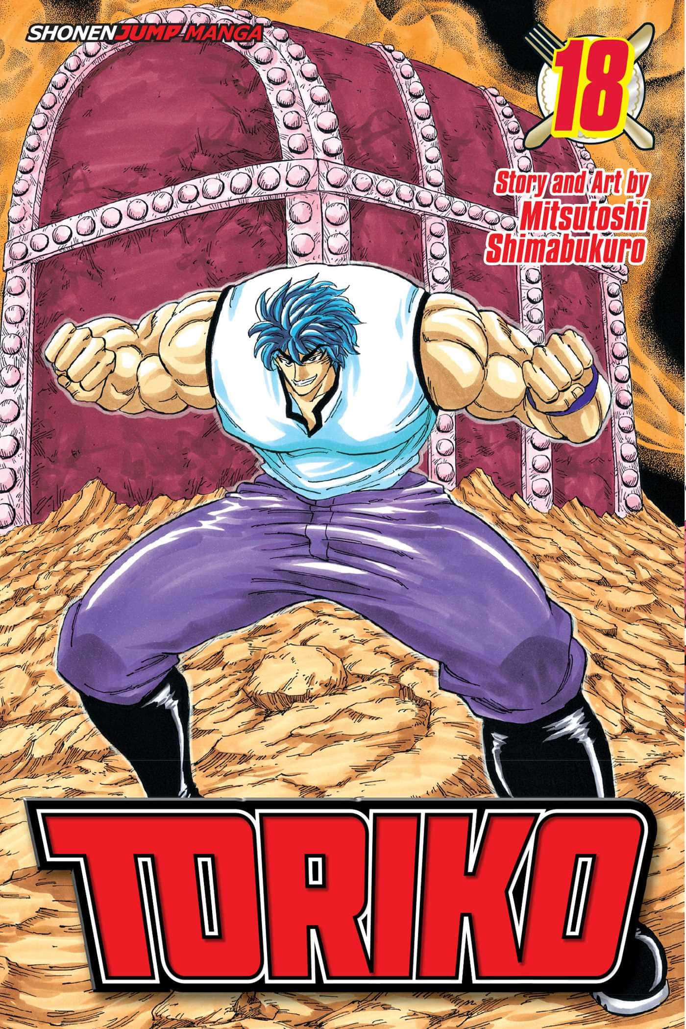 Toriko 桌布 壁紙 — 一個肌肉發達、藍色頭髮的動漫角色，在沙地上以戰鬥姿勢站在一個巨大的寶箱前。
