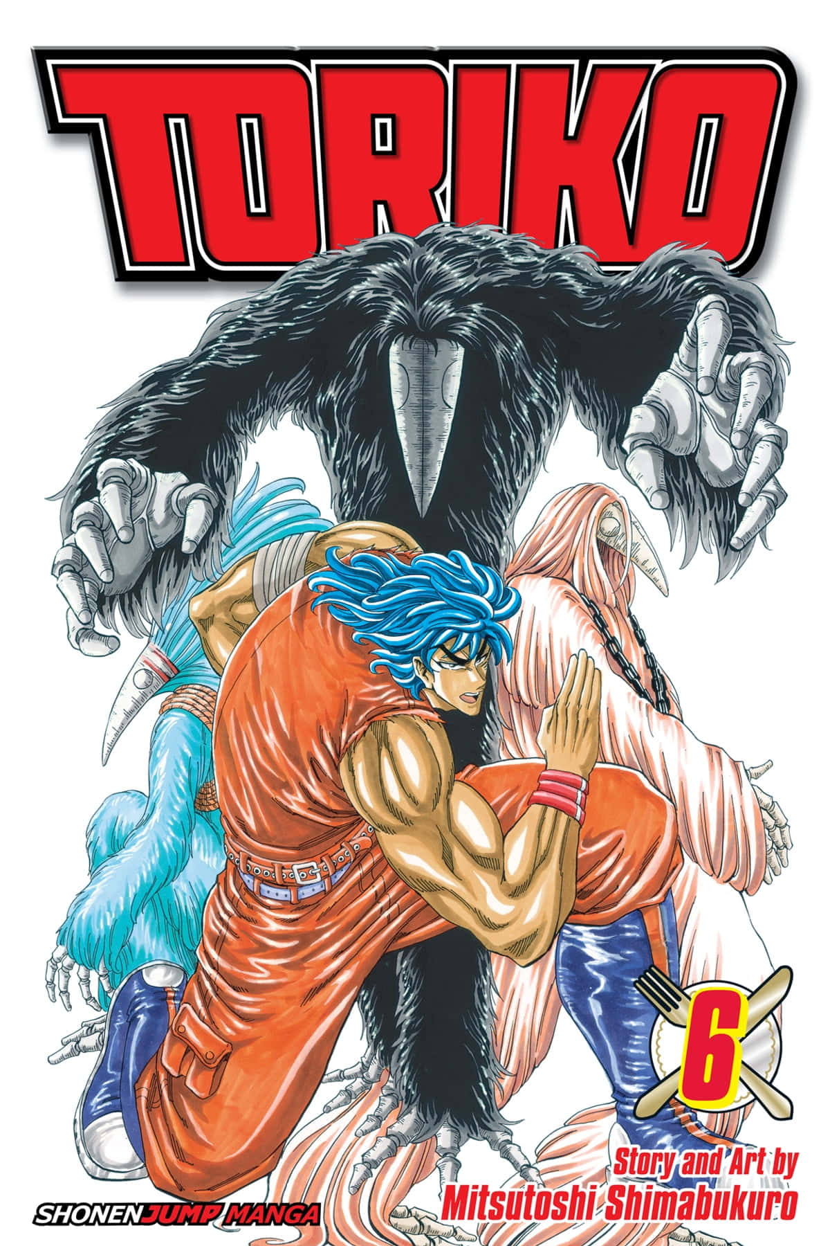 Toriko 桌布 壁紙 — 一個肌肉發達、藍色頭髮的漫畫英雄，身穿橙色裝備，與擁有鋒利爪子和喙的怪物戰鬥。