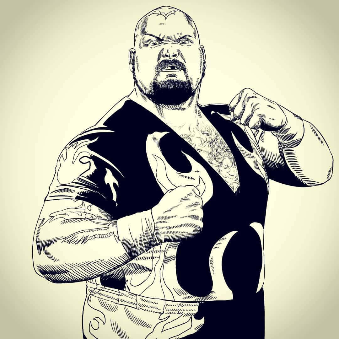 WWE 桌布 壁紙 — 一個肌肉發達、表情兇猛、有刺青的摔角手，在黑白插圖中展示他的手臂肌肉。