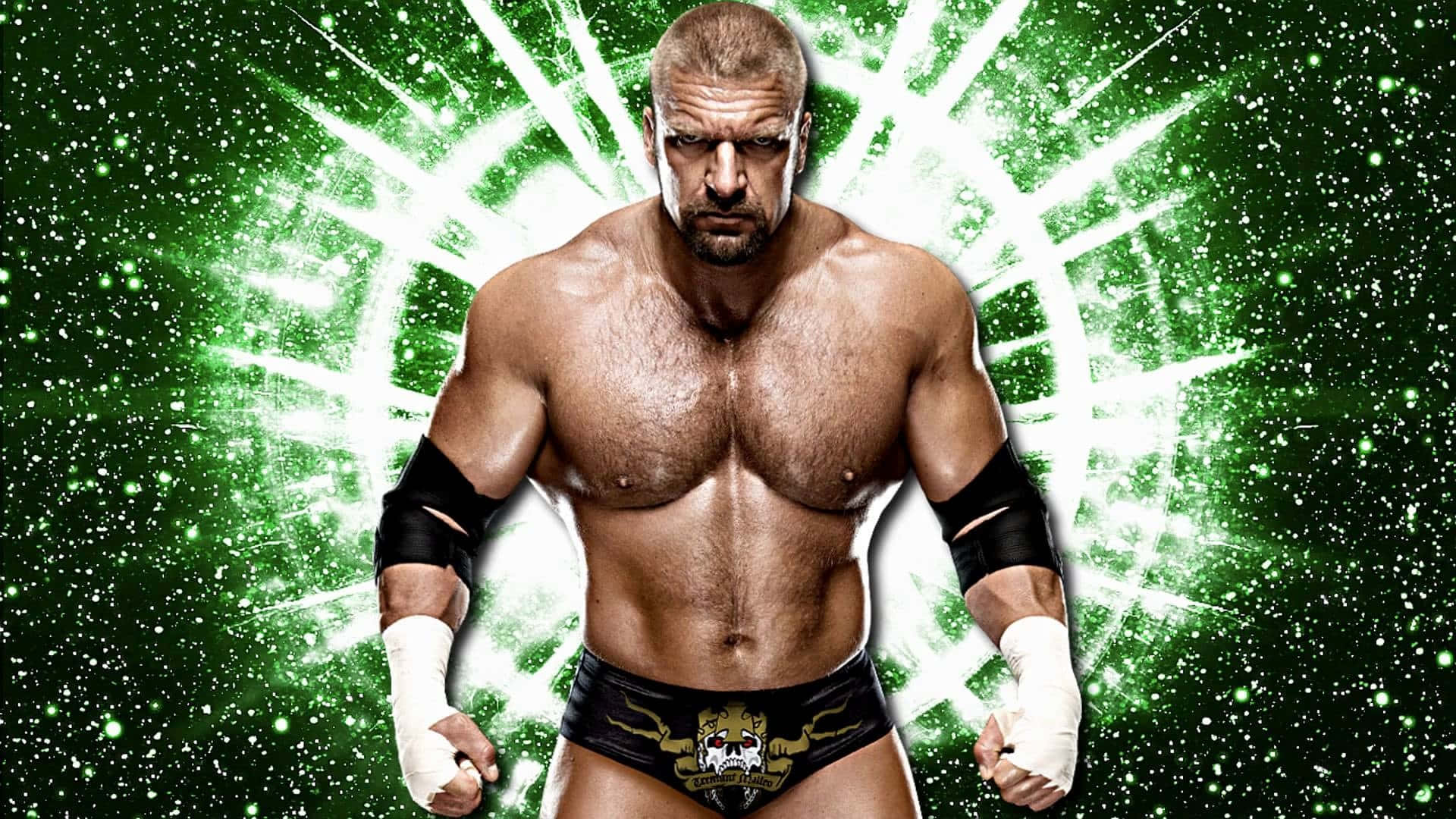 triple h 桌布 壁紙 — 一個肌肉發達、表情兇猛的摔角手站在發光的綠色星爆背景前。