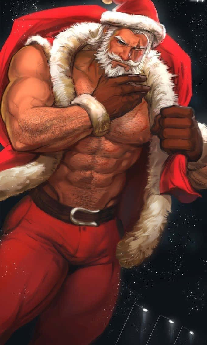 Santa Claus 桌布 壁紙 — 一個肌肉發達、表情兇猛的聖誕老人，身穿標誌性的紅色套裝配白色毛邊，站在繁星點點的夜空下。