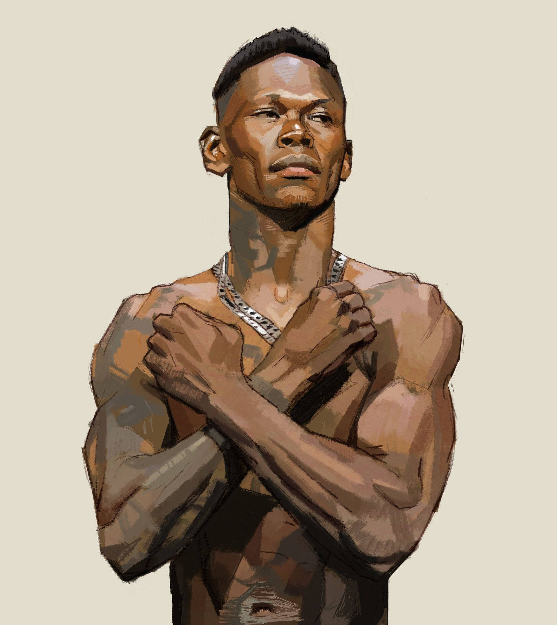 Adesanya 桌布 壁紙 — 一個肌肉發達、表情嚴肅的男人赤裸上身，雙臂交叉在胸前，戴著一條銀色鏈條項鍊，背景是純米色。